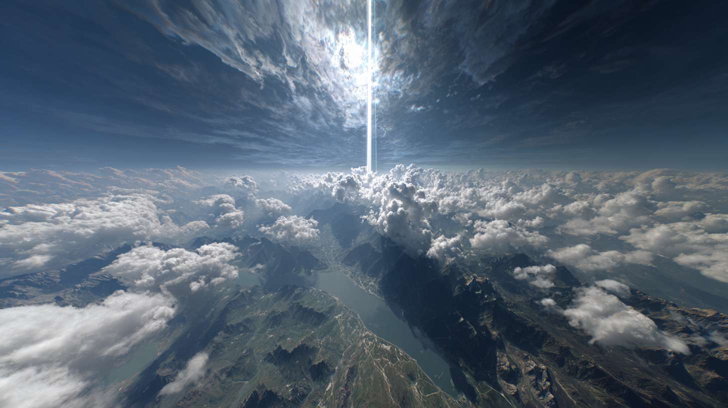 AI画面关键词:
dramatic drone shot soaring upwards, revealing a breathtaking panoramic view of mountains, rivers, and sea from above, the tower becomes small below, expansive, magnificent, clouds break through, god rays, 5d holographic map effect, ultra wide angle --ar 16:9 --v 7 --stylize 100 --fast --no 水印