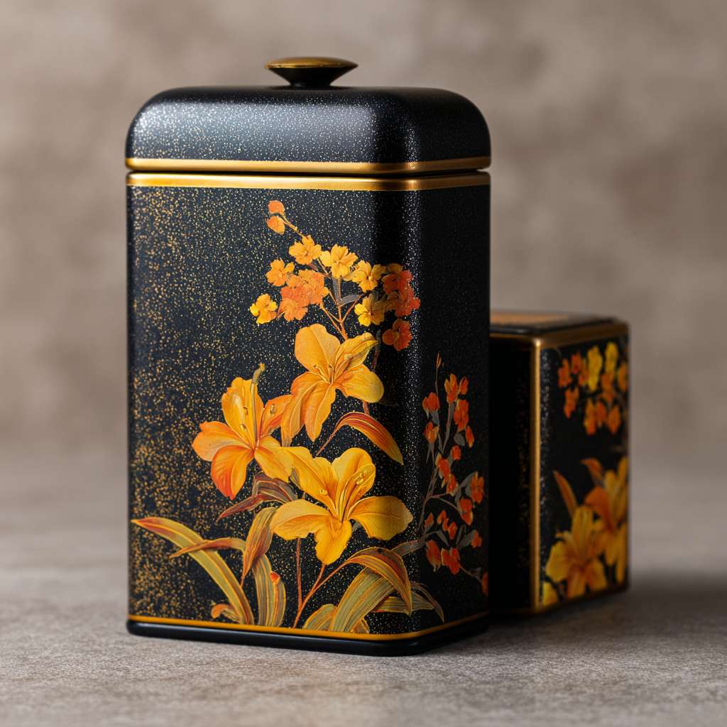 请绘制一个有磨砂质感的铁罐长方形，罐身为黑金色搭配，部分设计为黄精植物绘画图案，精美，色彩明亮，渲染为彩绘植物，颜色 灵感来源自太阳光下的植物，整体呈现质感而高档的色彩搭配。同时设计一个与罐子风格相匹配的高档质感的包装盒子，盒子大小适合放置此罐子，颜色与罐身相呼应，但适当加强质感及对比。以营造出去交感和空间感。请确保整个设计的渲染质量高，细节清晰，颜色饱满，以展示产品的高端质感。 --ar 1:1 --v 7 --stylize 100 --fast --no 水印