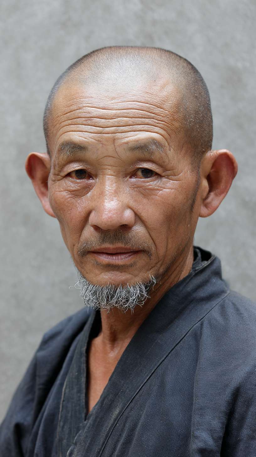 肤色黝黑（长期风吹日晒），短发带白茬（没空打理），眼角有细纹，下巴有青色胡茬，嘴唇干裂，偏瘦但肩背结实，腰后隐约露出浅棕色膏药印，手背有细小划伤（送餐时磕碰） --ar 9:16 --v 7 --stylize 100 --fast --no 水印