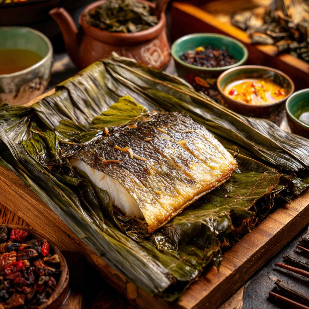 芭蕉叶烤鱼，打开热气腾腾的芭蕉叶，看见一条包裹着作料的鱼冒着热气，滋啦滋啦的声音下，看到若隐若现的雪白的鱼肉，看上去就非常有食欲，旁边还摆放着版纳特制口味的蘸料，隔着屏幕都溢出了鱼肉鲜甜 --ar 1:1 --v 7 --stylize 100 --fast --no 水印