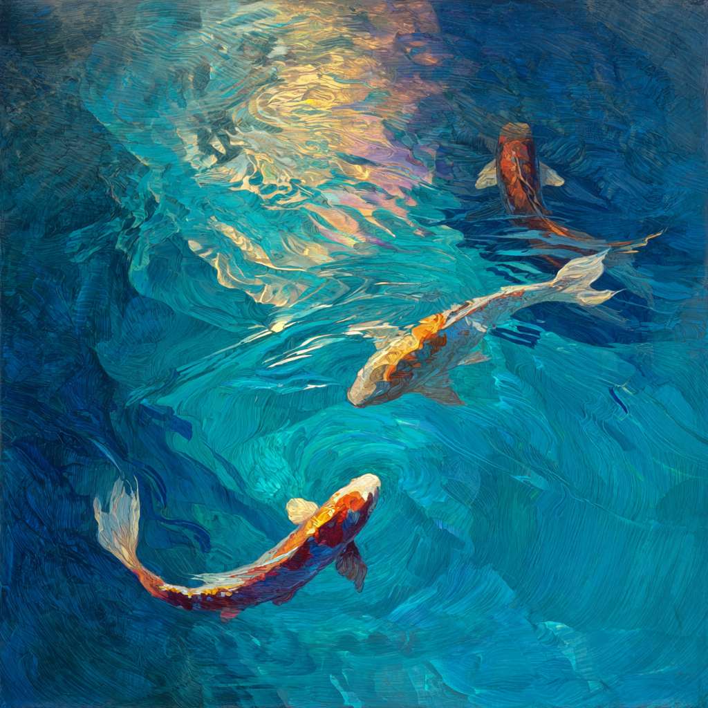 Dreamlike blue water with rippling light in rainbow tones, koi fish gliding with sinuous grace, expressive strokes capturing motion and light, abstract. --ar 1:1 --v 7 --stylize 100 --fast