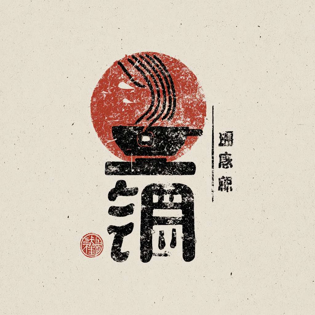 一个中国传统风格餐饮LOGO，核心图形是印章，印章内有艺术变形的“匠”字，字形结合了一只托举的手和飘逸的面条线条，印章边有古朴残破效果，印章内的图形文字都是黑色，背景干净，极简主义，高清，矢量 --ar 1:1 --v 7 --stylize 100 --fast --no 水印