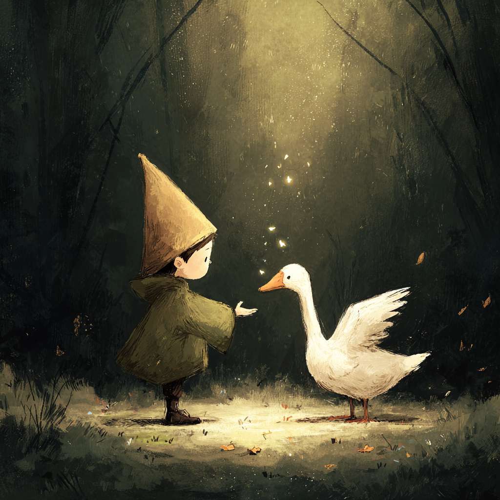 请使用插画风格。人物和鹅只占画面的五分之一，在森林深处有一只小白鹅和一个少年，小白鹅和少年的高度一致，且只占画面的五分一，他们两个面对面站着，小鹅伸出翅膀，少年伸出小手，翅膀和小手相碰。少年穿着全年的斗篷，斗篷的帽子很大，把脸都遮住了。森林上方打下一束柔和的光，光里漂浮着亮晶晶的孢子。 --ar 1:1 --v 7 --stylize 100 --fast --no 水印