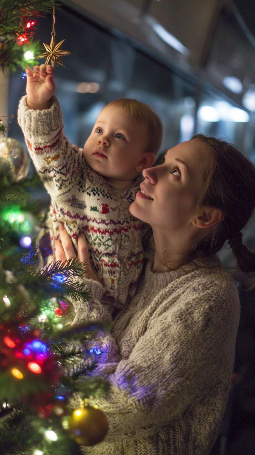 2圣诞树顶挂星星，妈妈托举孩子，树身缠绕彩灯，地面有未挂的袜子装饰，镜头从下往上推，温馨写实风妈妈孩子都金发 --ar 9:16 --v 7 --stylize 100 --fast --no 水印