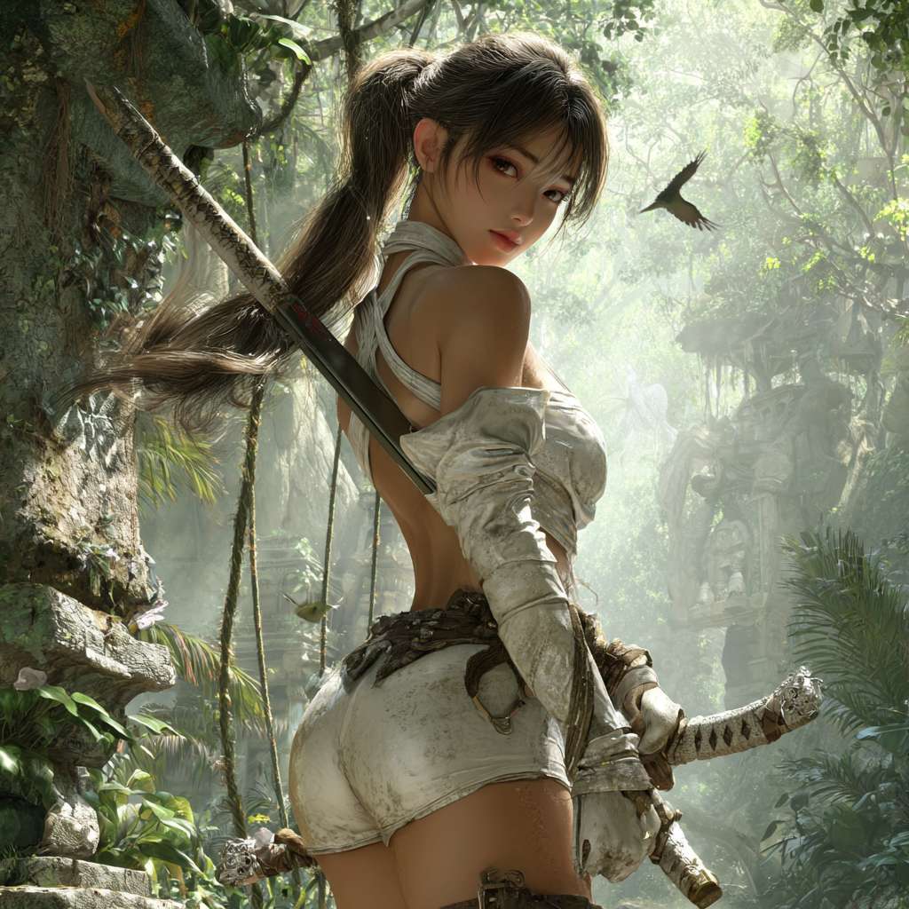 亚洲美少女身穿无袖连体紧身短皮装，皮肤白皙，及腰长发随风飘扬，背着长剑，在热带雨林，背景宏伟的失落城市，飞行的鸟，树上挂着小青蛇，阳光从树叶的缝隙中射到地面。正面特写 --ar 1:1 --v 7 --stylize 100 --fast --no 水印