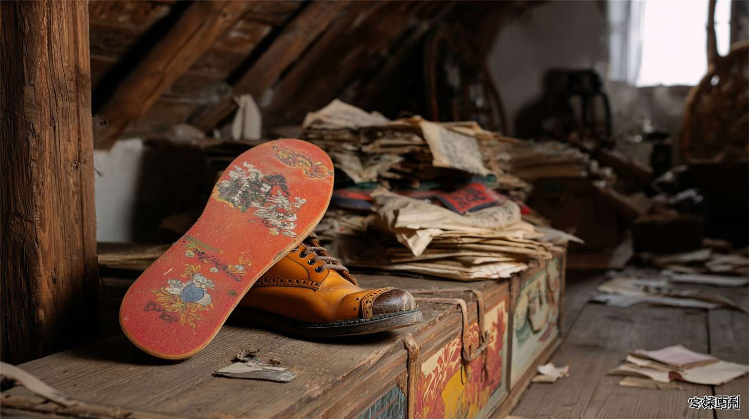https://img-xpc-mj0.xpccdn.com/prod/upload/98677ad4-1d7d-4b12-b527-0e8a8f4f1793/%E6%8F%8F%E8%BF%B0%E6%9C%A8%E5%B1%90%E9%9E%8B%E5%9C%BA%E6%99%AF.png~tplv-5yakomv5zn-auto-v1%3A1024%3A0%3Aq75.jpg 将木屐鞋缩小，一只木屐鞋在老宅阁楼，堆满旧衣柜，藤箱和散落的报纸， --ar 16:9 --v 7 --stylize 100 --fast --iw 1 --no 水印