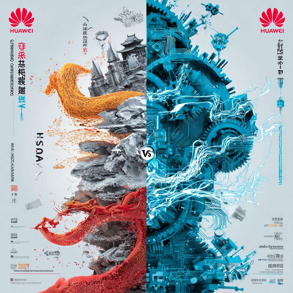 主题名称：
《双螺旋：商业造浪者 vs 技术开凿者》

视觉核心元素：

结构布局

左侧（马云）：

金色/橙色渐变浪潮（象征电商生态扩张）

阿里巴巴LOGO变形为数据流，连接地球仪（全球化）

背景融入杭州西湖剪影（创业起点）

右侧（任正非）：

深蓝色钢铁齿轮与芯片电路（象征硬科技）

华为LOGO与5G信号波穿透世界地图

背景叠加深圳特区建筑轮廓与雪山（危机感）

中央分界：

用算盘与量子计算机的融合图标象征传统与未来的碰撞

动态细节

马云侧漂浮破碎的英语试卷（高考失利）与“让天下没有难做的生意”书法字

任正非侧嵌入军事风格简报（“华为的冬天”警告）与C&C08交换机设计图

整体风格

赛博朋克中国风：霓虹灯牌显示“51 vs 59”总分，背景加入若隐若现的改革开放标语（如“发展是硬道理”）

材质：磨砂金属质感打底，关键元素用光效突出

🖼️ 推荐视觉参考
色彩方案：

马云侧：橙红→金色渐变（激情/颠覆）

任正非侧：深蓝→银灰渐变（冷峻/坚韧）

可商用素材关键词：

“Cyberpunk Chinese landscape”

“Tech wave vs industrial gear”

“Abstract digital economy background”

✨ 高级版设计增强建议
交互设计（如需PPT/网页版）：

鼠标悬停马云区域时浮现电商交易数据流

点击任正非区域弹出5G专利地图

数据可视化：

用动态折线图对比二人关键年份的营收/研发投入

此设计将二人差异转化为视觉对抗与互补，暗喻中国数字经济与硬科技的双轮驱动。 --ar 1:1 --v 7 --stylize 100 --fast --no 水印