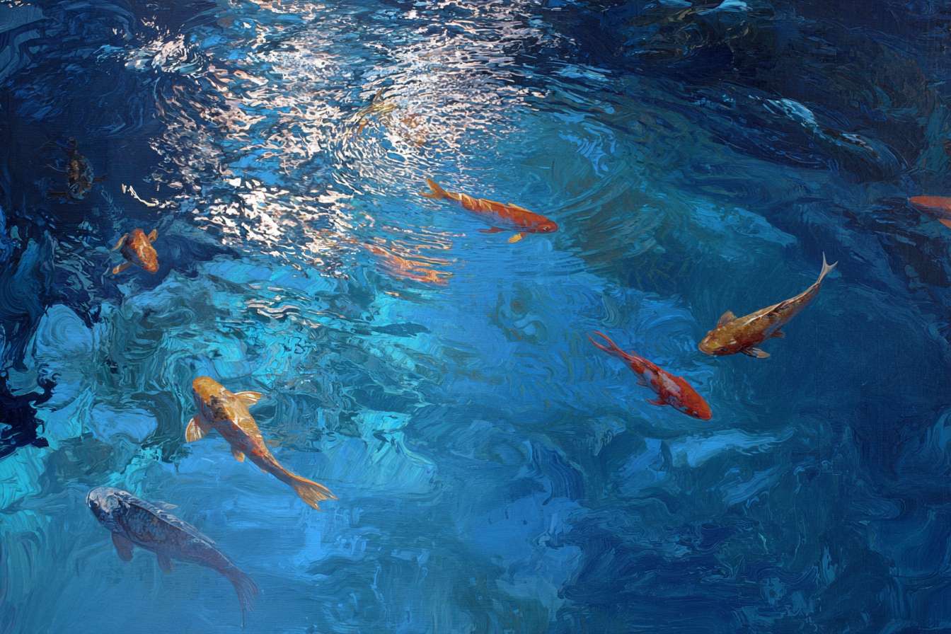 Surreal blue aquarium with shimmering koi and dynamic light, bold strokes for ripples, delicate strokes for fish, abstract oil. --ar 3:2 --v 7 --stylize 100 --fast