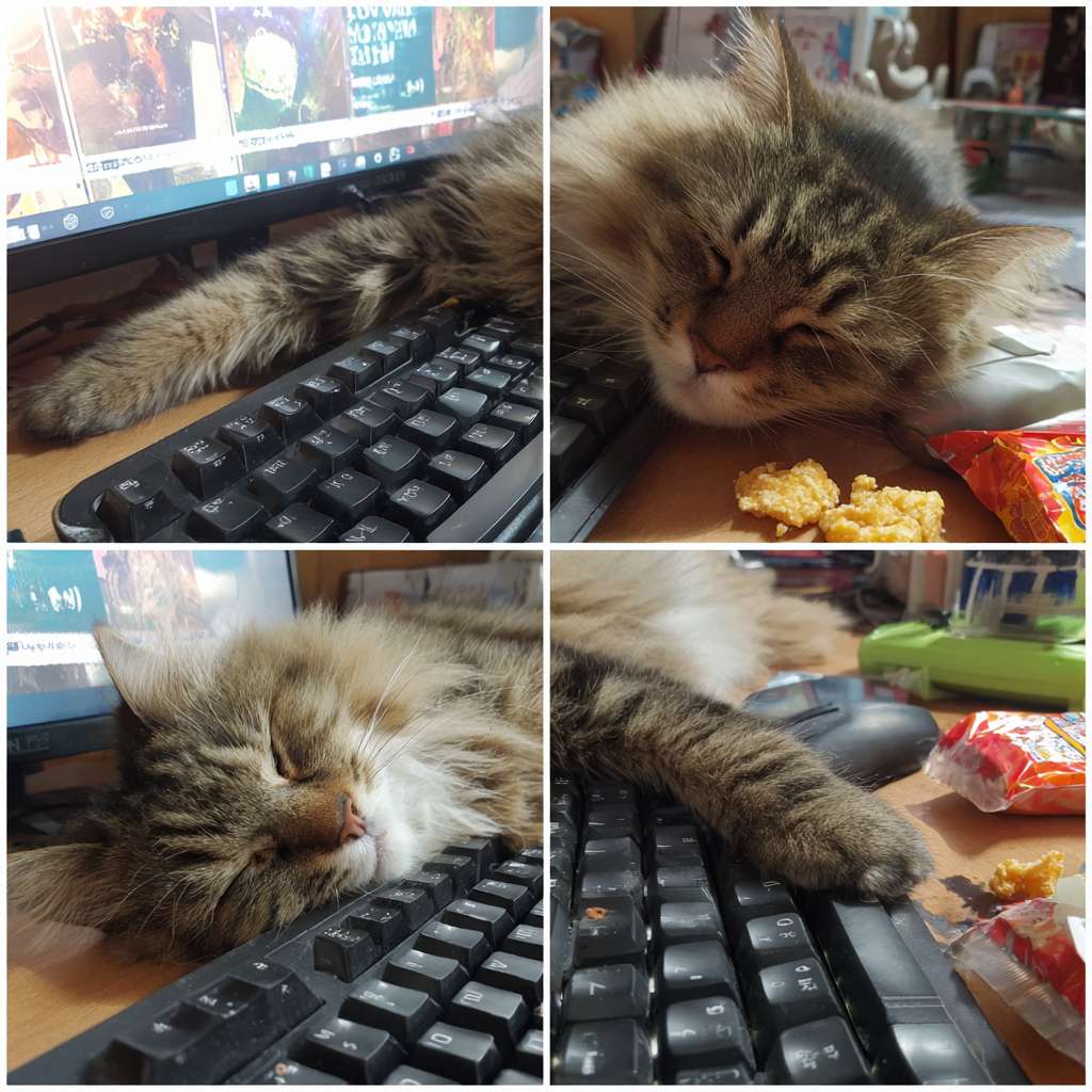 一只美国短毛猫，瘫在电脑键盘上，屏幕上是“周末勿扰”的图案，旁边放着零食，照片级真实感，4k，超详细，搞笑风格 --ar 1:1 --v 7 --stylize 100 --fast --no 水印