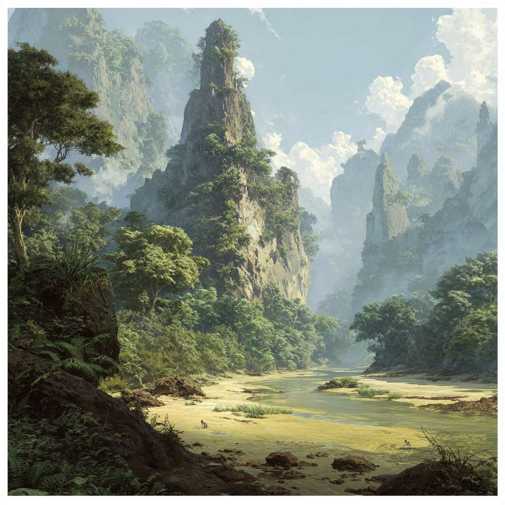 1. **时间与季节:** 画面呈现的是13万年前末次间冰期(Ipswichian Period)的岭南,一个温暖湿润的夏季清晨。空气中弥漫着水汽,远处山间有薄雾。
2. **地形地貌:**
* **远景:** 陡峭的喀斯特峰林地貌是主体,石灰岩山体被茂密的绿色植被覆盖,山形奇秀,类似今天的桂林阳朔,但更显原始、荒野。
* **中景:** 一条宽阔、水流湍急的大河(古西江或古北江)穿过山谷。河床较浅,露出部分沙洲和砾石滩,河水因富含泥沙而呈黄绿色。
* **近景:** 河岸是泥泞的滩涂,上面有各种动物的脚印。画面一侧是茂密的森林边缘,巨大的蕨类植物、藤蔓和树木根系盘根错节。
3. **植被生态:**
* 茂密的亚热带原始森林,树木种类繁多:高大的樟科植物、木兰科植物、常绿栎树以及一些原始的松柏类。
* 林下空间长满了巨大的蕨类植物(如桫椤)和多种灌木。
* 河岸两侧植被尤其茂盛。
4. **动物群落(核心亮点):**
* 河中央,一头巨大的**剑齿象(Stegodon)** 正在用长鼻吸水,它有一对长长且略微弯曲的象牙,体型比现代亚洲象更大。
* 河岸边,几只**中国貘(Tapirus sinensis)** 在泥地里觅食打滚,它们体型比现代貘更大。
* 远处的林间空地上,隐约可见一群**云南黑鹿(Rusa yunnanensis)** 在警觉地张望。
* 天空中有各种古老的鸟类飞过。
5. **气候与光线:**
* 天气温暖潮湿,阳光穿过晨雾形成丁达尔效应(耶稣光),照亮了河面和水汽。
* 整体色调是充满生机的绿色、泥土的褐色和水流的蓝绿色,色彩饱和度高,充满生命力。 --ar 1:1 --v 7 --stylize 100 --fast --no 水印