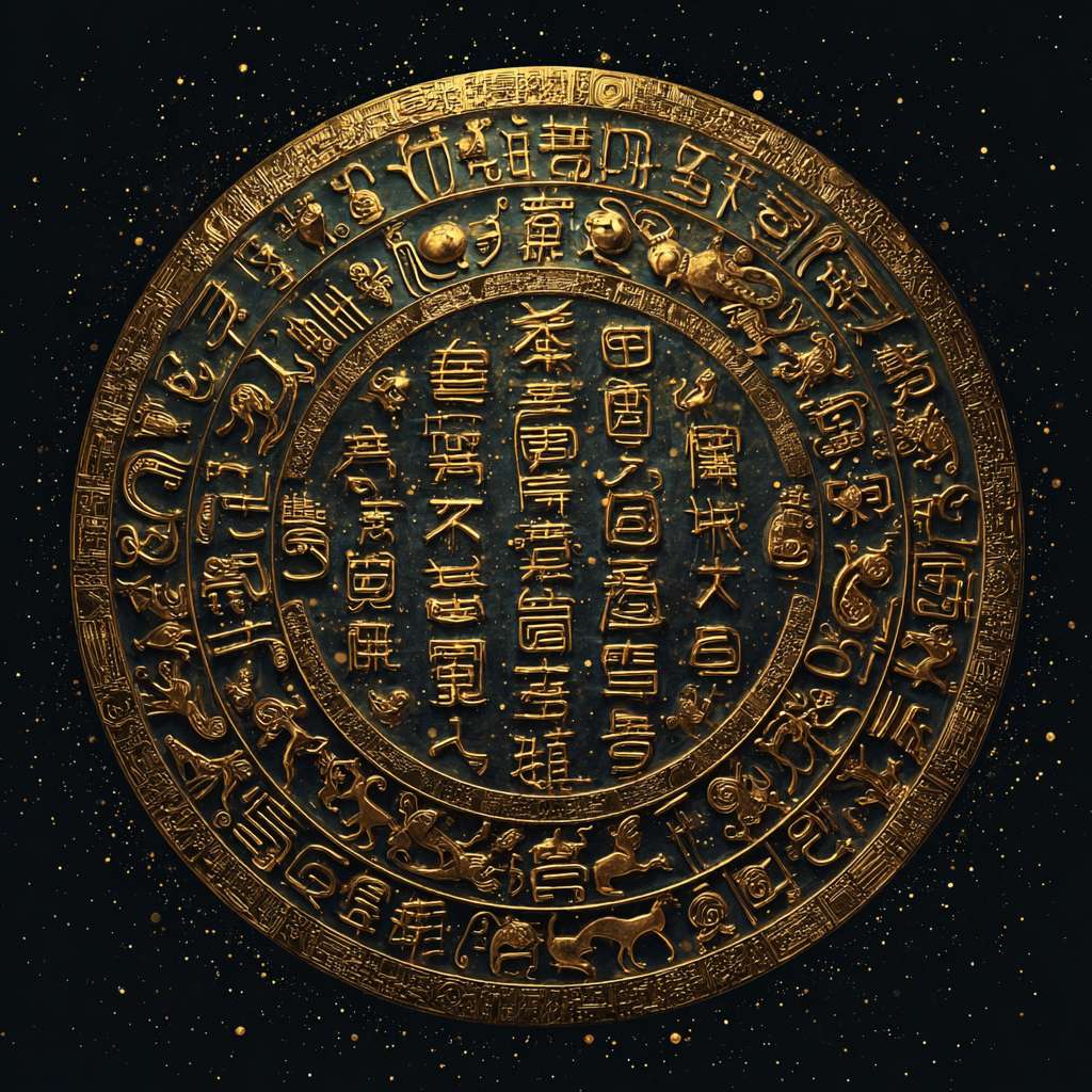 星空镜头下，甲骨文"猱"（猴的古字）以金色光点浮现 --ar 1:1 --v 7 --stylize 100 --fast --no 水印