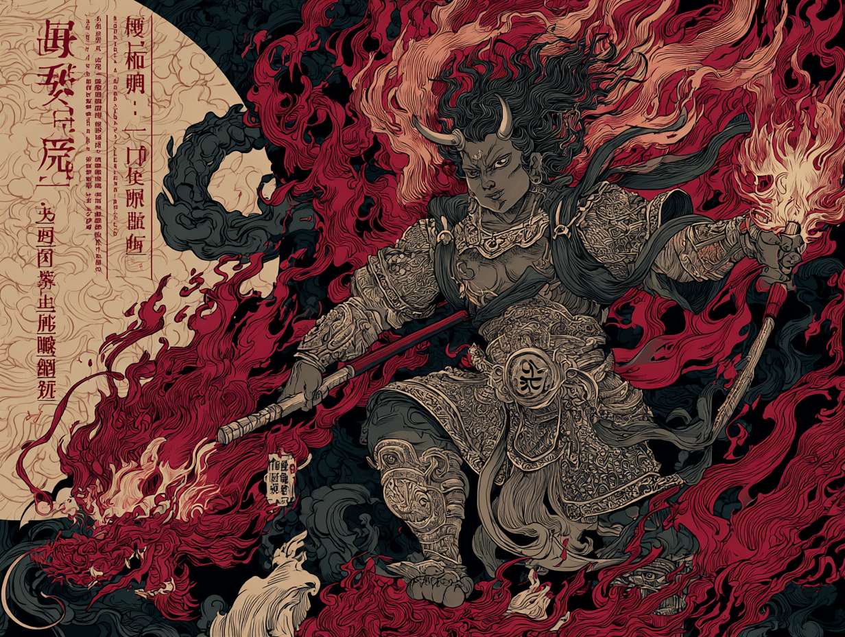 绘制三视图《哪吒重生》机械朋克风格，转世哪吒，桀骜，火焰特效 --ar 4:3 --v 7 --stylize 100 --fast --no 水印