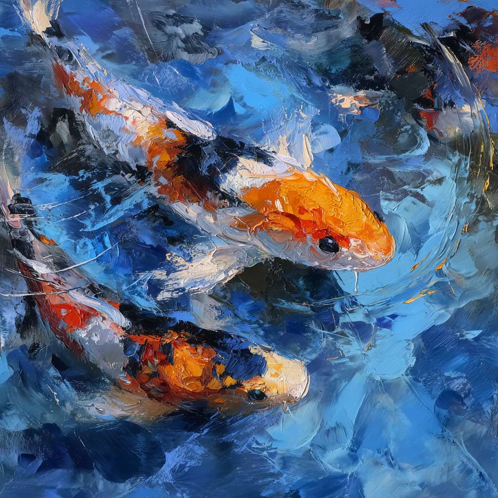 Dreamlike blue water and rippling color, koi fish shimmering with life, expressive brushwork capturing light and motion, oil. --ar 1:1 --v 7 --stylize 100 --fast
