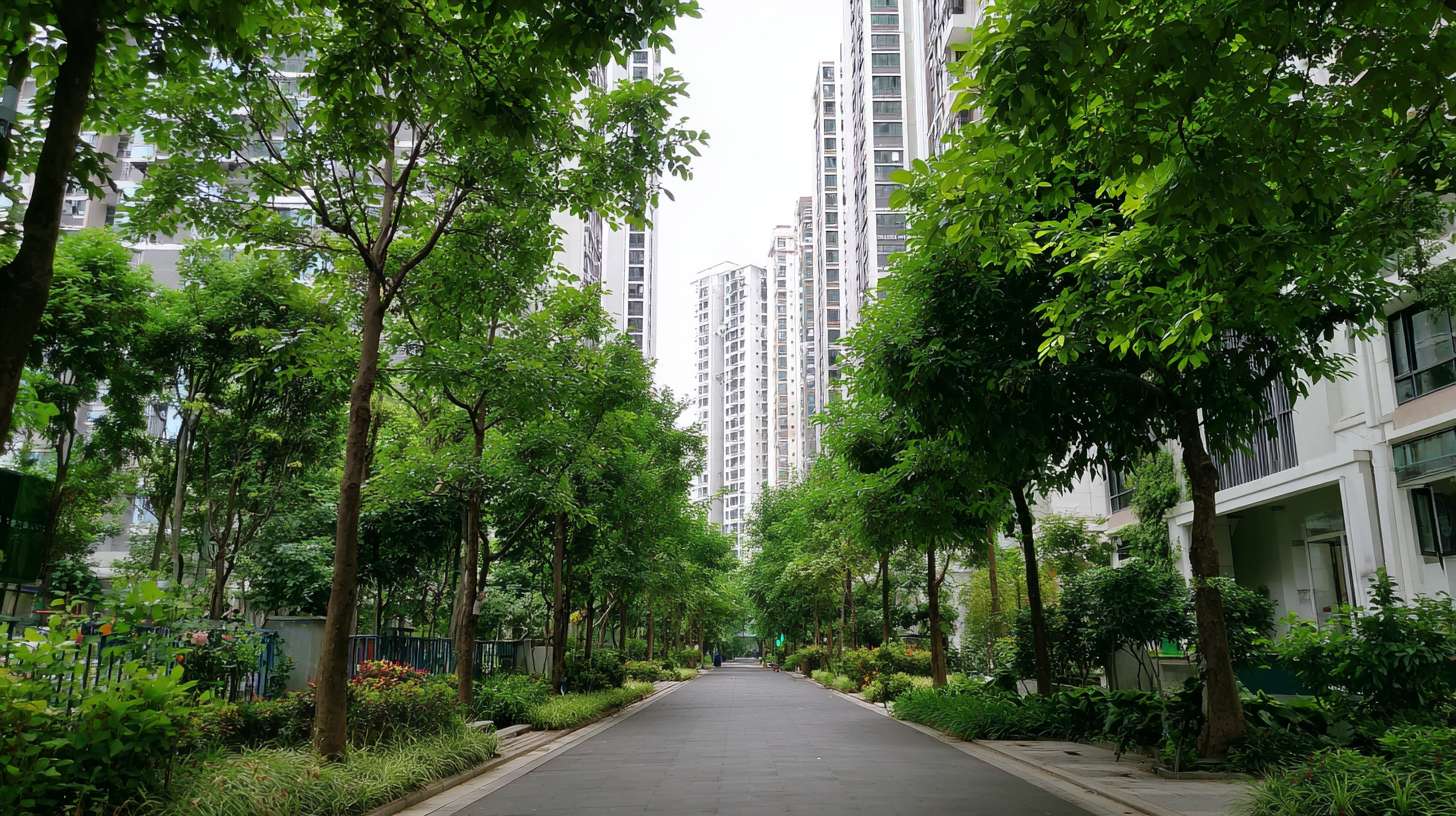 郁郁葱葱的行道树、小区内的绿荫、市民在树下休憩。新小区近景 --ar 16:9 --v 7 --stylize 100 --fast --no 水印