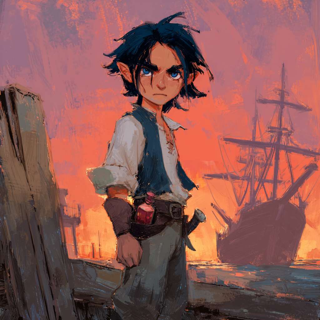 A young half-elven sailor named Baya standing on a wooden dock at sunset, slightly pointed ears, deep-blue eyes, shoulder-length black hair with sun-bleached brown tips, bronzed skin, lean muscular build. He wears a worn white linen shirt with sleeves rolled up, a patched dark-blue vest, gray roughcloth pants tucked into brown leather boots. On his waist, a dark leather belt holds a small red potion bottle and a rustic brown flask. A short sword in a simple wooden scabbard hangs at his side. His expression is a mix of guarded suspicion and hidden longing. Behind him, a silhouette of a sailing ship under a pink-orange sky. --ar 1:1 --v 7 --stylize 100 --fast