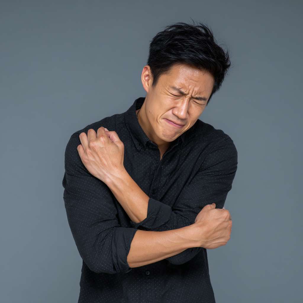 A picture of an Asian person  slapping their cubital fossa --ar 1:1 --v 7 --stylize 100 --fast