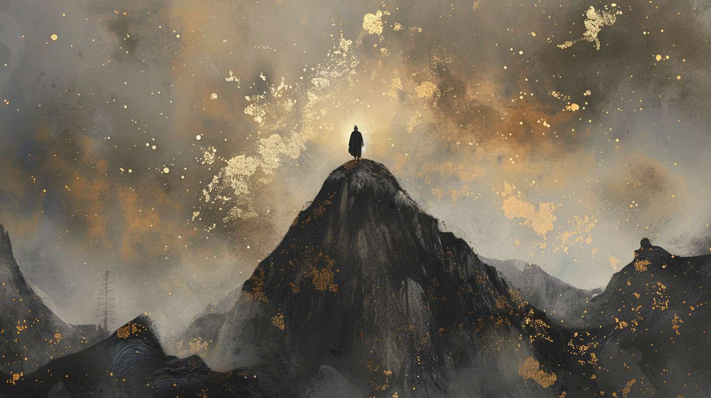 A lone figure standing on mountain peak facing cosmic sky, ink wash style with gold leaf accents, Taoist immortals aesthetic, no text, ethereal lighting --ar 16:9 --v 6 --stylize 100 --fast
