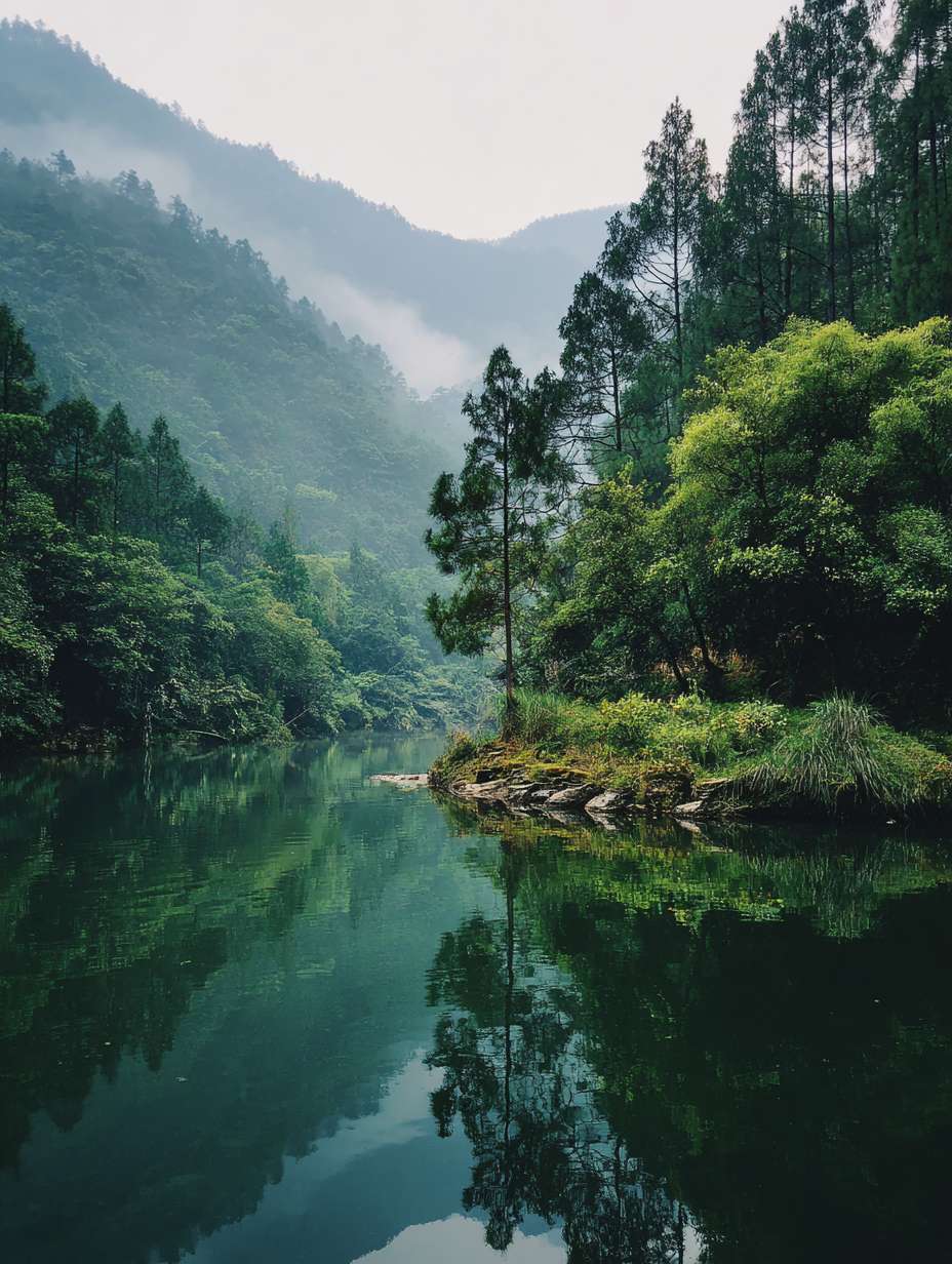 选择一张具有宁静感的自然风景图，如清晨的湖面、绿意盎然的森林，或者是一个安静的夜晚，月光洒在大地上的场景。这能体现中医哲学与自然节律的结合，给人放松和舒适的感觉。 --ar 3:4 --v 7 --stylize 100 --fast --no 水印