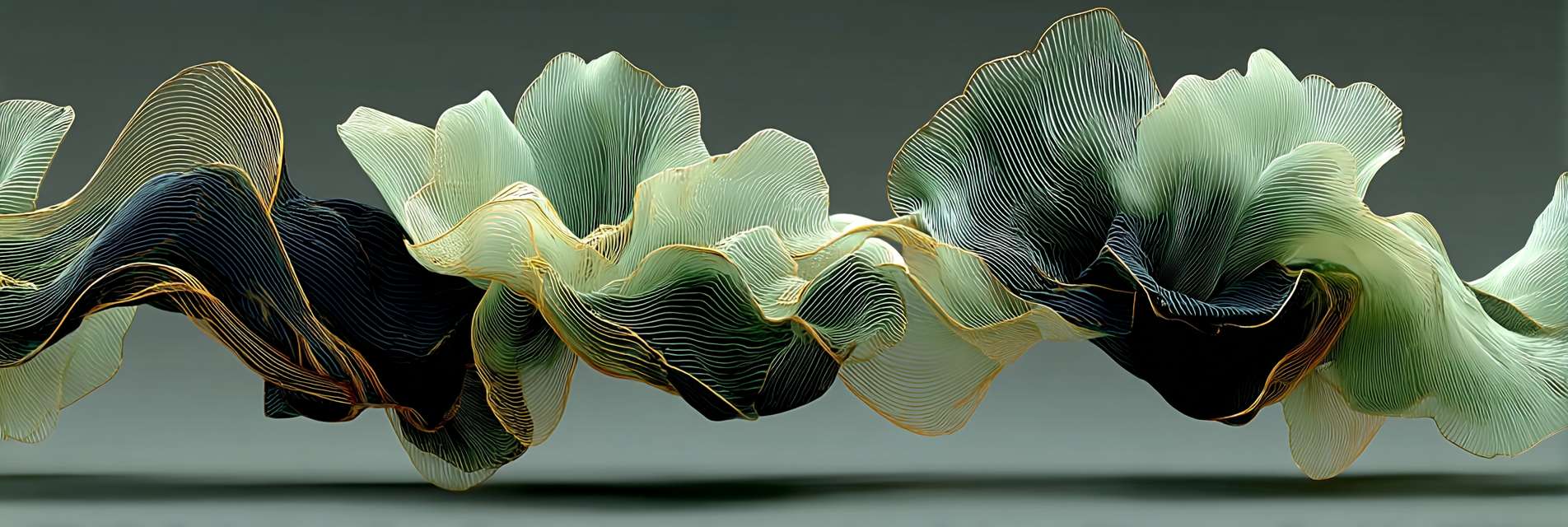 Contemporary Chinese aesthetic, fluid gradient background blending jade green and moon white, abstract energy flow lines inspired by calligraphy strokes, geometric interpretation of qigong movements, microscopic view of tea crystals forming mountain shapes, sophisticated muted colors with 10% transparency elements --ar 3:1 --v 7 --c 30 --stylize 750 --fast