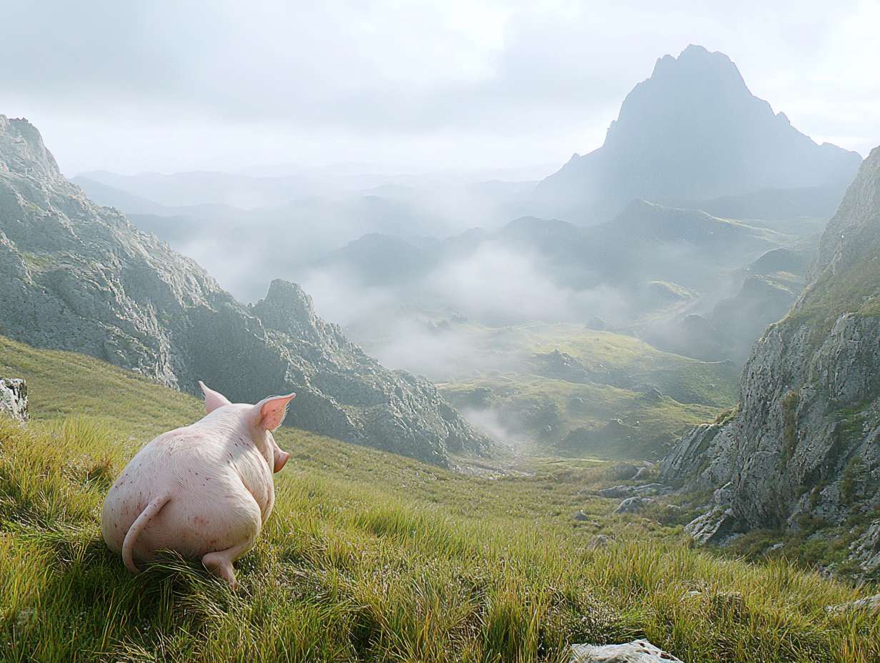 Photorealistic cinematic image，A pale pink pig on the grass next to the mountaintop, facing away from the camera,it also it's a scarf around it head, which is partially covering it face, giving her a mysterious look.Overall, these images convey a sense of desolation and grandeur, possibly telling a story about adventure, and emotional expressions all suggest that this may be a work with a strong narrative and visual impact,with a rocky mountain range behind it, and fog connecting the mountain range, full of warm colors and ultra high definition real materials，Ultra wide view shot， highly detailed photo. --ar 4:3 --v 6.1 --style raw --stylize 100 --fast