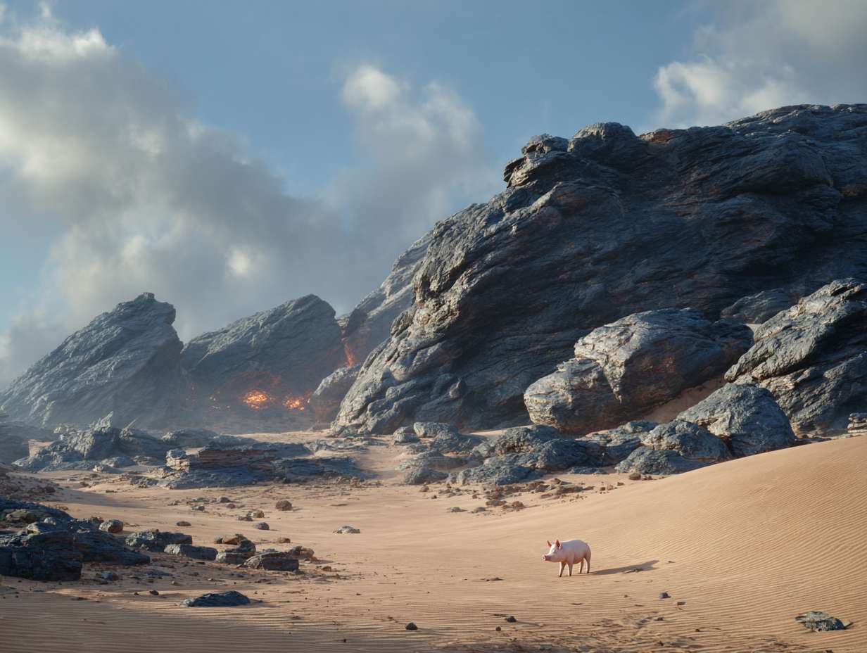 Photorealistic cinematic image，A pale pink pig in the middle of an extreme desert landscape with giant black rocks and orange pillows. There is fire on top of one rock, giving off warm light. The sky has a blue color. In front of it there's a large sand dune, film grain, hyper realistic photography, natural lighting, highly detailed photo. --ar 4:3 --v 7 --style raw --stylize 100 --fast
