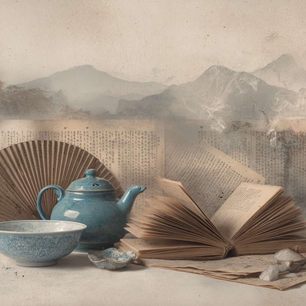 Horizontal layout, left side: faded ancient Chinese book pages, below it a teapot, Tai Chi fan, and blue-white porcelain bowl, soft beige and cyan colors, light ink-wash mountains at bottom, traditional Chinese style, 1200x600 pixels" --ar 1:1 --v 7 --stylize 100 --fast