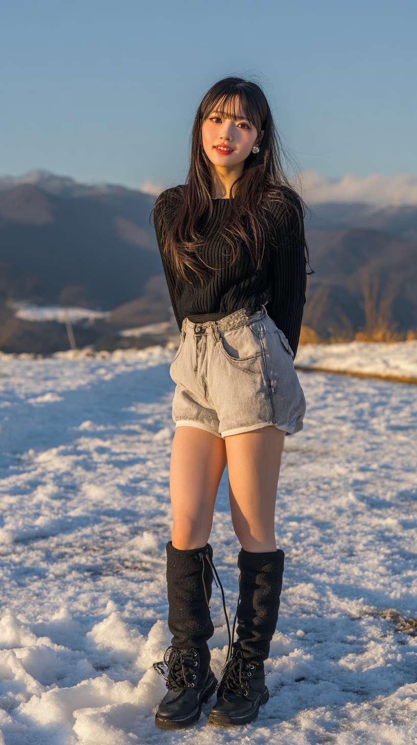 美少女，正面，长发，黑发，牛仔短裤，长腿，长靴，冬天，雪，雪地，雪山，光线 --ar 9:16 --v 7 --stylize 100 --fast --no 水印,水印
