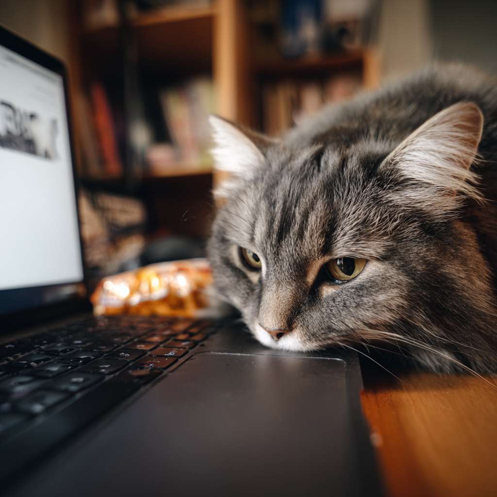 一只美国短毛猫，瘫在电脑键盘上，屏幕上是“周末勿扰”的图案，旁边放着零食，照片级真实感，4k，超详细，搞笑风格 --ar 1:1 --v 7 --stylize 100 --fast --no 水印
