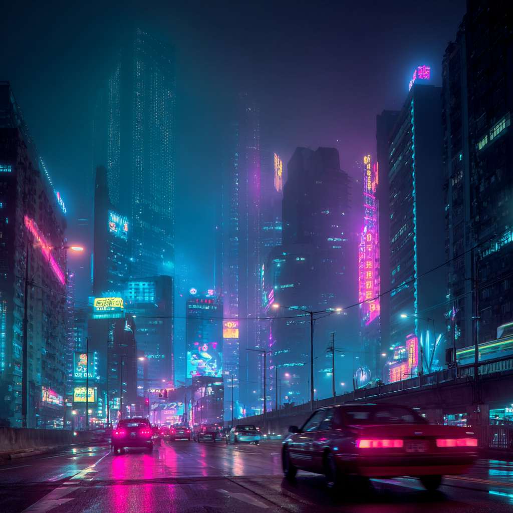 核心主题:-座雨夜中的赛博朋克风格城市。

必须元素:包含高耸的摩天大楼、发光的霓虹灯广告牌、空中飞驰的交通工具。

风格要求:色彩要鲜艳对比强烈，要有电影级的质感和细节。 --ar 1:1 --v 7 --stylize 100 --fast --no 水印