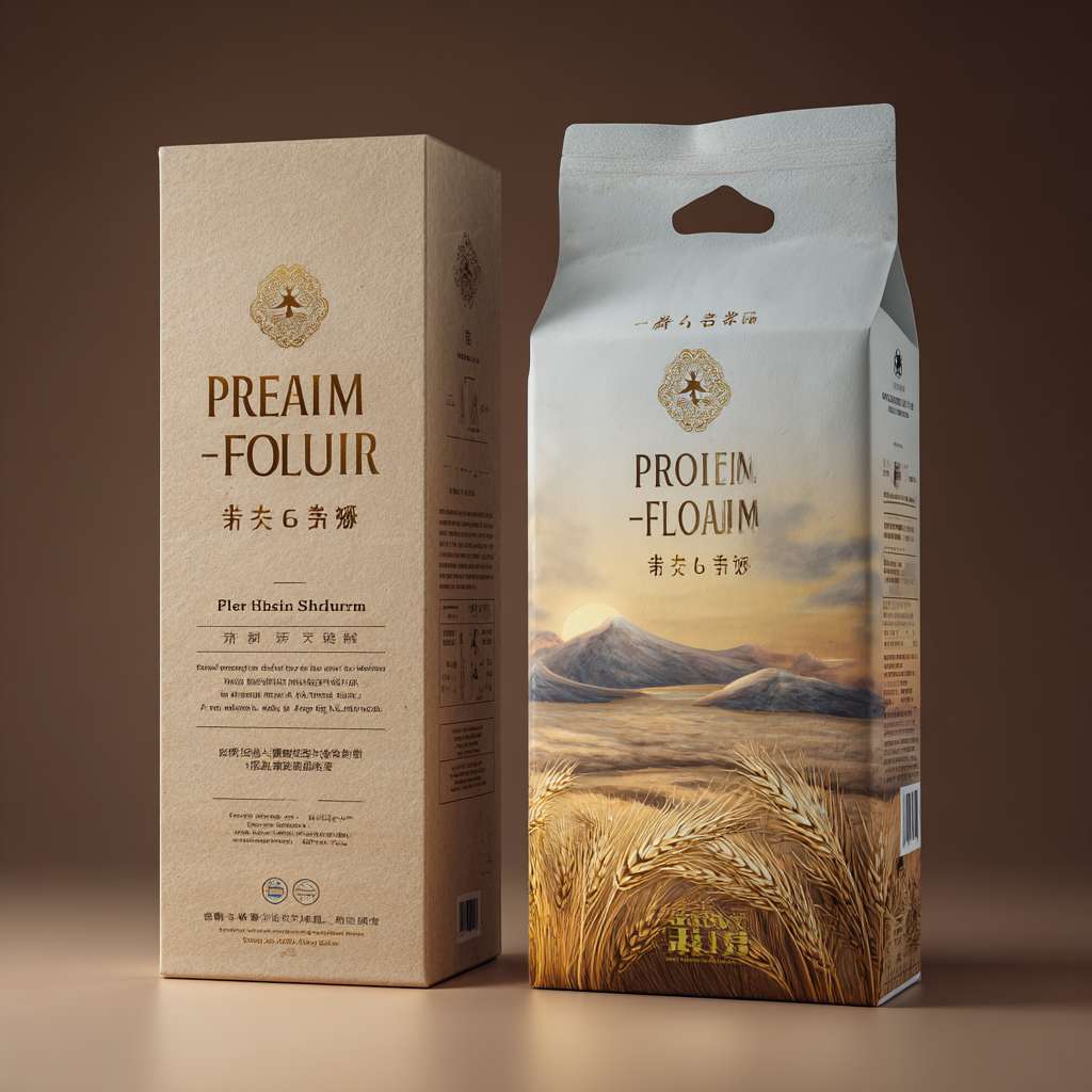 *“A premium 5kg wheat flour packaging, matte kraft paper box with gold foil stamping, transparent window showing white flour, hand-painted illustration of Inner Mongolia Hetao Plain wheat field with golden sunset and mountains, minimalist Chinese typography, earthy tone with luxury vibe, hyper-realistic product shot, studio lighting.”* --ar 1:1 --v 7 --stylize 100 --fast