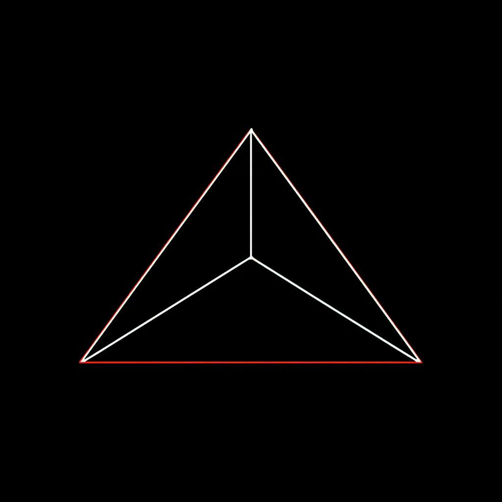 只需要简单的线段，不需要真实的物体，两个独立等腰三角形两个角挨着，在下面，一个等腰三角形左边的角挨着下面左边的三角形的顶点，右边的角挨着下面右边的三角形的顶点在上面，组成一个新的等腰三角形 --ar 1:1 --v 7 --stylize 100 --fast --no 水印