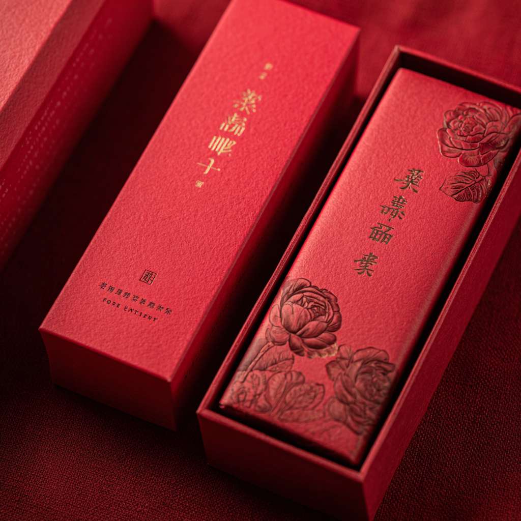 长方体天地盖，长14cm 宽6.5cm高3cm，盒盖边缘圆弧收边，闭合处内置磁吸条，外裱红色触感纸
盒盖顶部镶嵌0.5mm 超薄金属铭牌，蚀刻品牌名 “往后余生” 及烫金玫瑰图案
盒身侧面烫金压印微浮雕玫瑰花纹（间距 2mm，深度 0.1mm），触摸有轻微凹凸感。
字体采用衬线体烫金工艺，品牌名 “往后余生” 用书法体烫玫瑰金，副标题 “FOR ETERNITY” 用细黑体烫银。
盒子里面红色植绒海绵，凹槽精准适配口红曲线。 --ar 1:1 --v 7 --stylize 100 --fast --no 水印