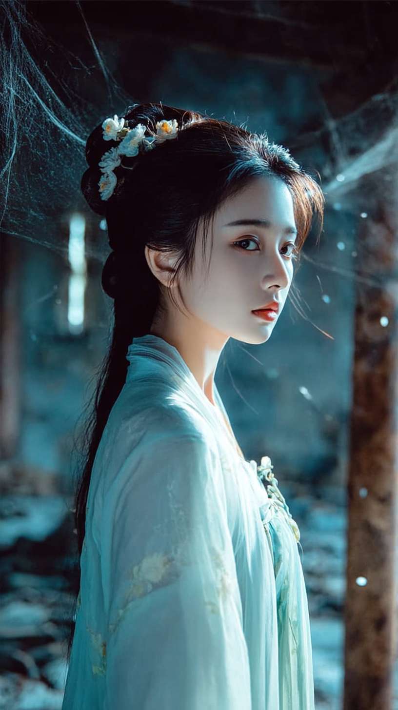 https://img-xpc-mj0.xpccdn.com/prod/upload/35ce1756-e72d-4acc-8abc-e94799361163/%E5%8F%82%E8%80%83%E5%9B%BE.webp~tplv-5yakomv5zn-auto-v1%3A1024%3A0%3Aq75.jpg 中景，破败古寺内部，蛛网密布，残破的佛像表情诡异，月光从破窗照入，一个身穿飘逸青衣的古风绝美女子，面容苍白柔美，眼神哀怨，从阴影中走出，电影灯光，微恐怖氛围，工笔画细节，正面镜头，画面干净。 --ar 9:16 --v 7 --stylize 100 --fast --iw 1 --no 水印