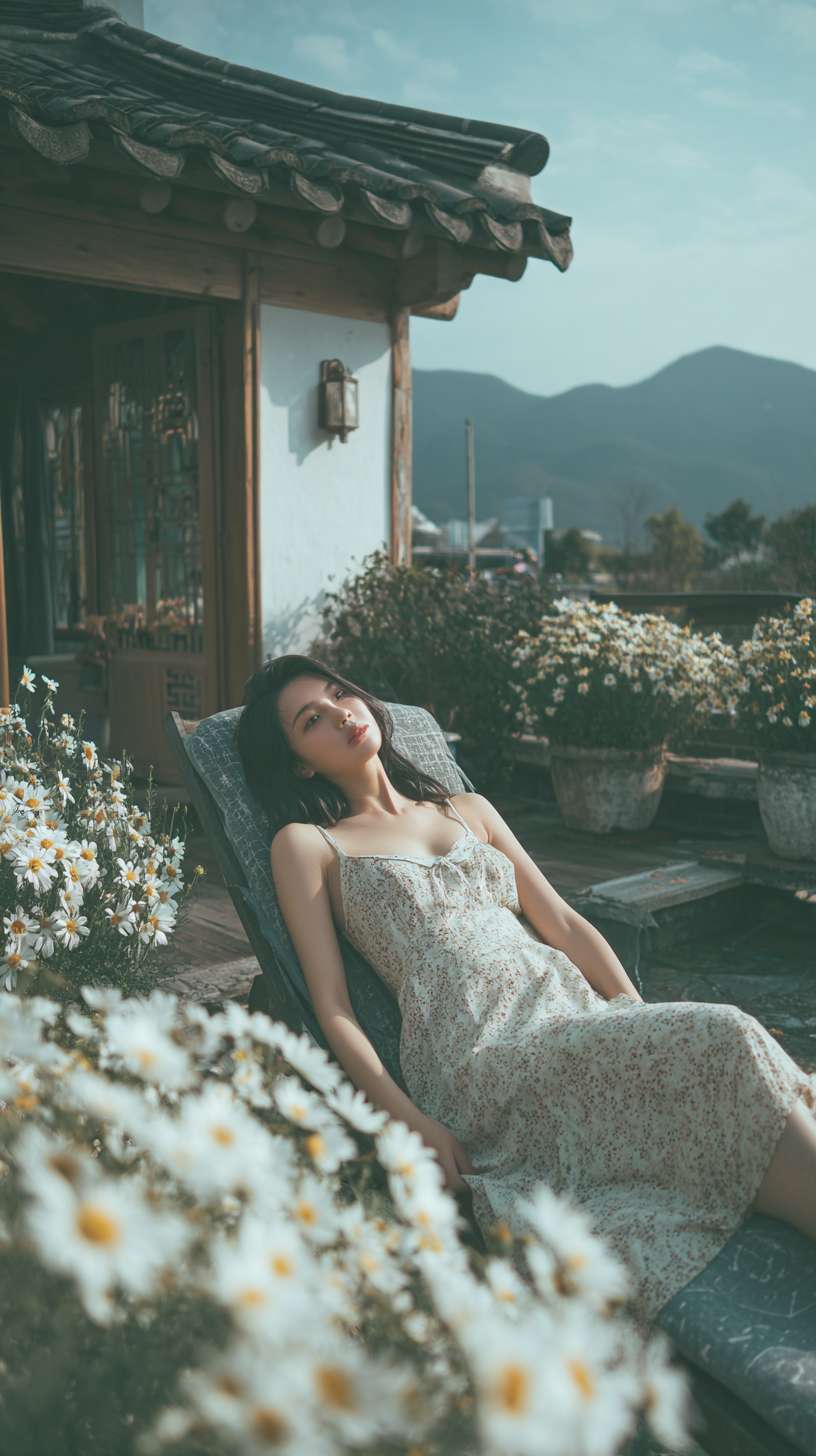 在一个白墙灰瓦的大理小院子里，一个美女在躺椅上悠闲的躺着晒太阳，院子里开满了花，望着远处苍山，感受院里下关风吹来的花瓣 --ar 9:16 --v 7 --stylize 100 --fast --no 水印