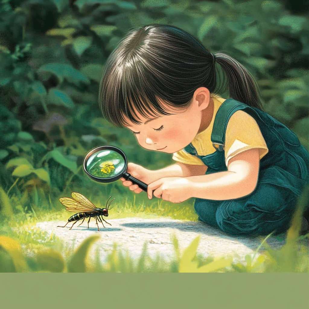 https://img-xpc-mj0.xpccdn.com/prod/upload/cbacef4c-c071-4336-90b9-fef2c8f91fbb/%E5%B0%8F%E5%A5%B3%E5%AD%A9%E8%A7%80%E5%AF%9F%E6%98%86%E8%9F%B2.jpg~tplv-5yakomv5zn-auto-v1%3A1024%3A0%3Aq75.jpg 請給我一張小學生使用放大鏡觀察小昆蟲的吉卜力風格的卡通圖 --ar 1:1 --v 6.1 --stylize 100 --fast --iw 1