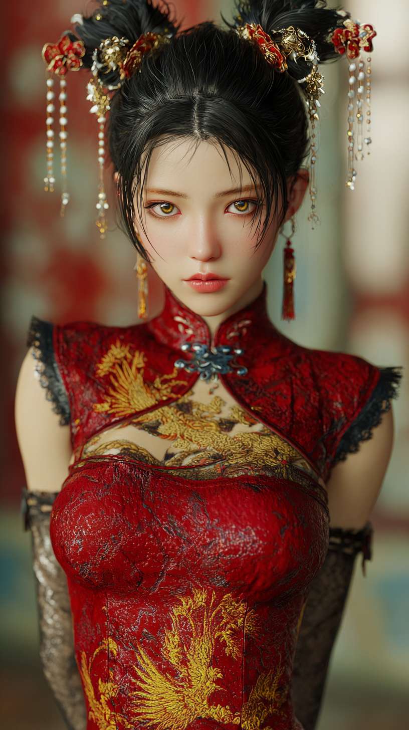 The front full body portrait, a real scene, is an East Asian beauty, with elegant black hair at the waist, delicate butterfly buns tied with phoenix hairpins, wisps of diamond shaped faces, charming red phoenix eyes, and golden eyeliner hanging to the sideburns. The high necked cheongsam has a hot figure, with a focus on captivating close ups of the eyes. It features a deep red silk corset, golden phoenix embroidery, and pure black chiffon sleeves revealing the arms. A thin seam that reaches up to the thigh reveals the contours of the leg through a translucent fabric, with pearl tassels hanging from the jade belt. The blue stardust is ethereal. Barefoot stepped on the shining rune circle, and red toe nail polish was on the foot. Golden ankle chains. Mysterious moonlight courtyard scenery, cherry blossom petals rotating, cinematic volume lighting, ultra detailed 8K photography realism --ar 9:16 --v 7 --stylize 100 --fast