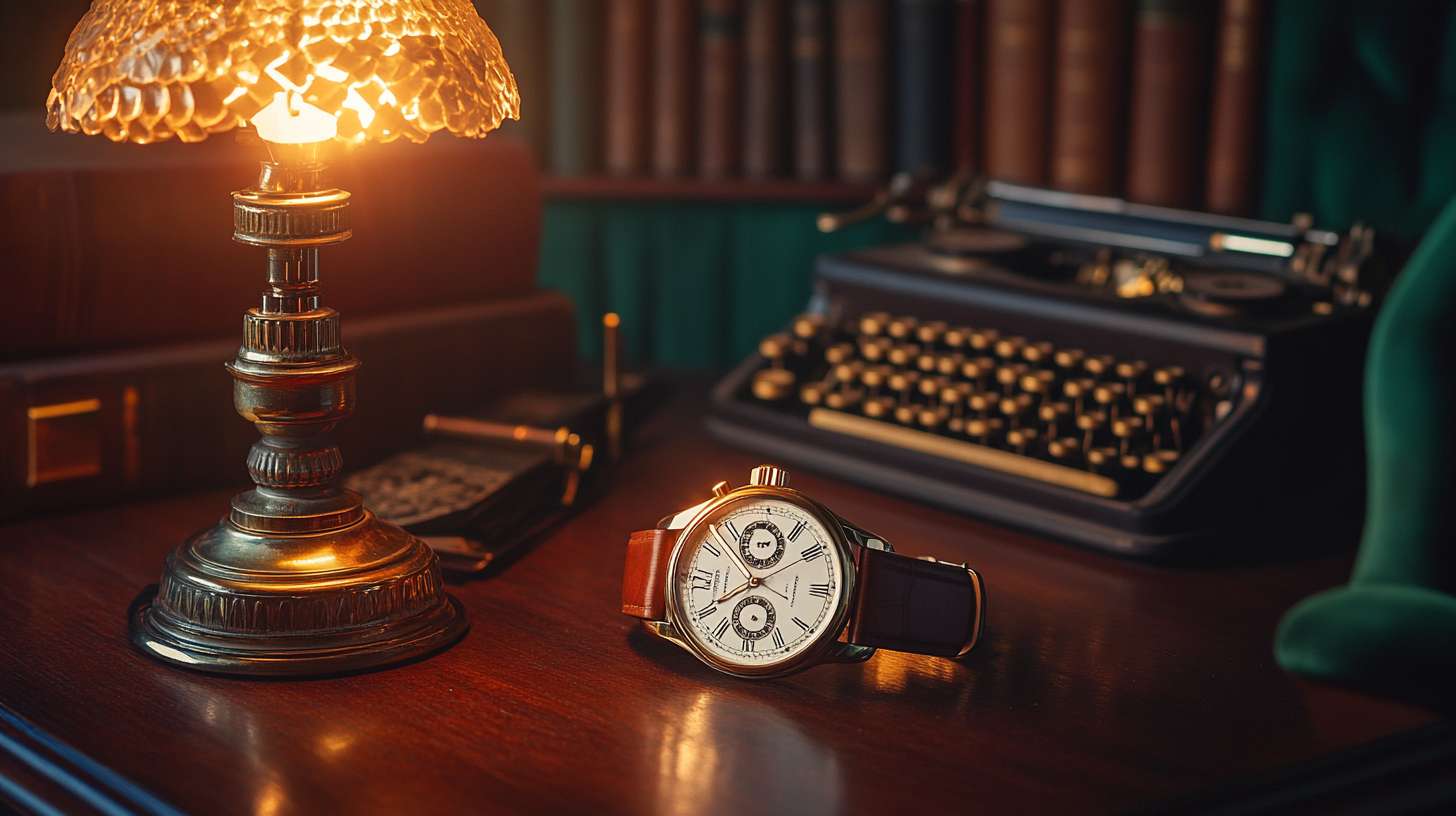 A vintage watch live streaming scene, 45-degree angle, dark mahogany table with green velvet backdrop, brass oil lamp casting warm glow on a mechanical watch, antique books and typewriter in background, steampunk aesthetic, Kodak Portra 800 film style --ar 16:9 --v 6.1 --stylize 100 --fast
