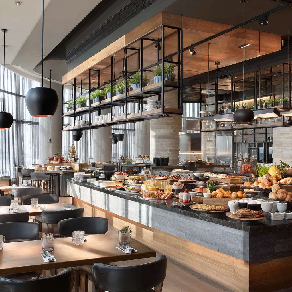 帮我做五张真实酒店华住会餐厅早餐宣传实拍照片 --ar 1:1 --v 7 --stylize 100 --fast --no 水印