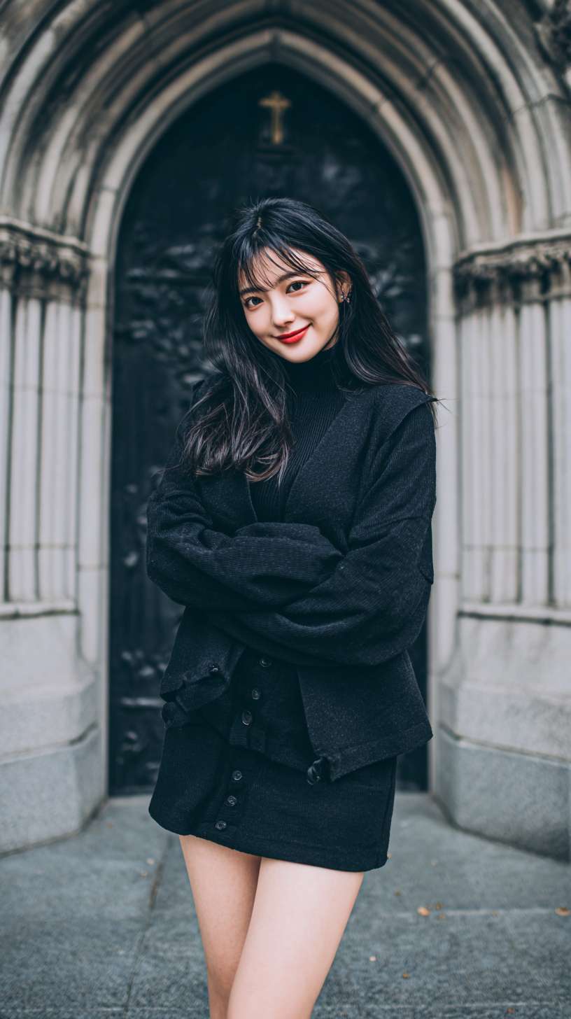 亚洲美少女，超短裙，高领露肩长袖，马甲线，教堂门口大街，长发，微笑，酒窝，高清晰   --v 7 --ar 9:16 --v 7 --stylize 100 --fast --no 水印,,水印