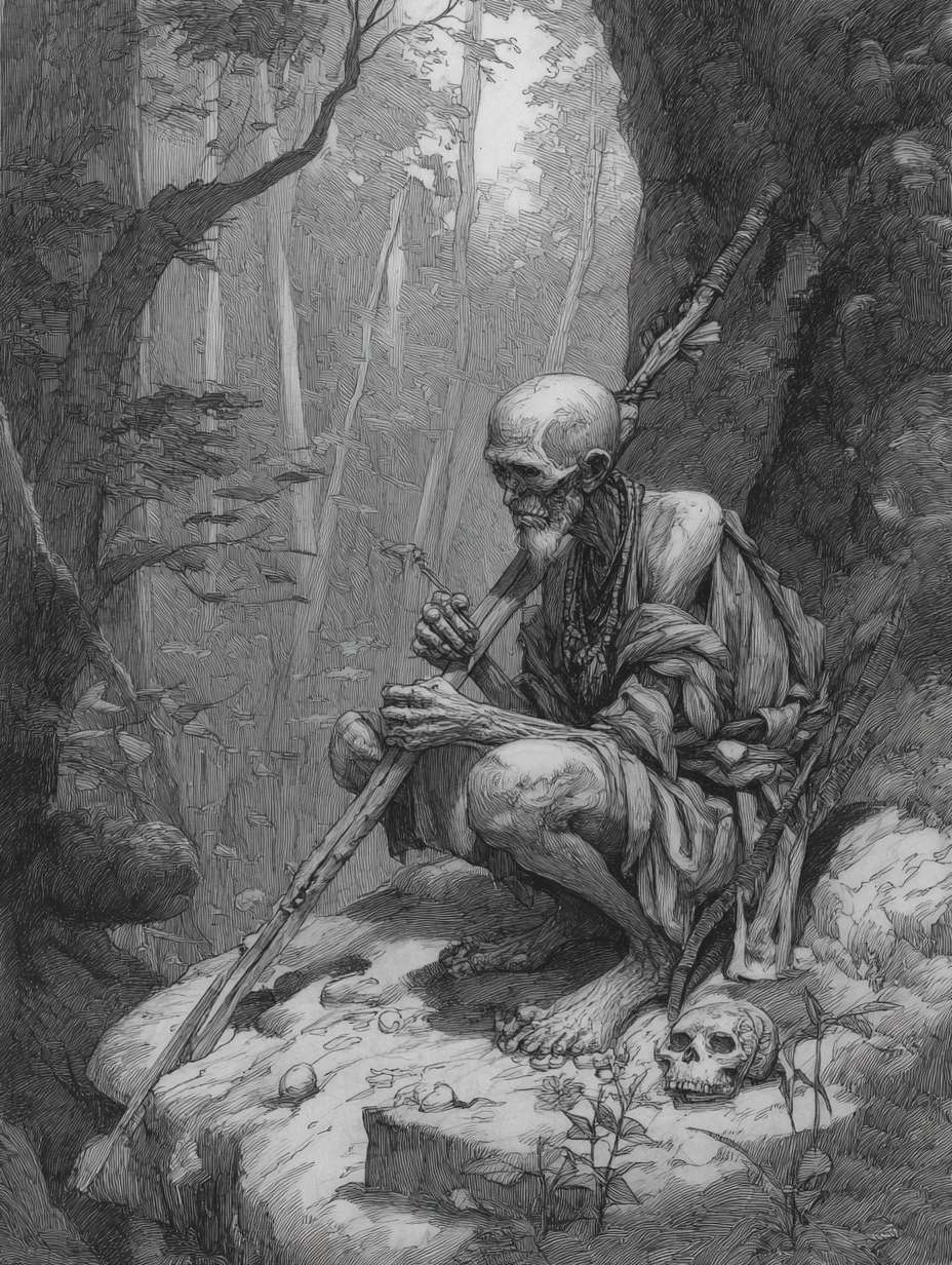 瘦骨嶙峋的苦行者在森林中斋戒 --ar 3:4 --v 7 --stylize 100 --fast --no 水印