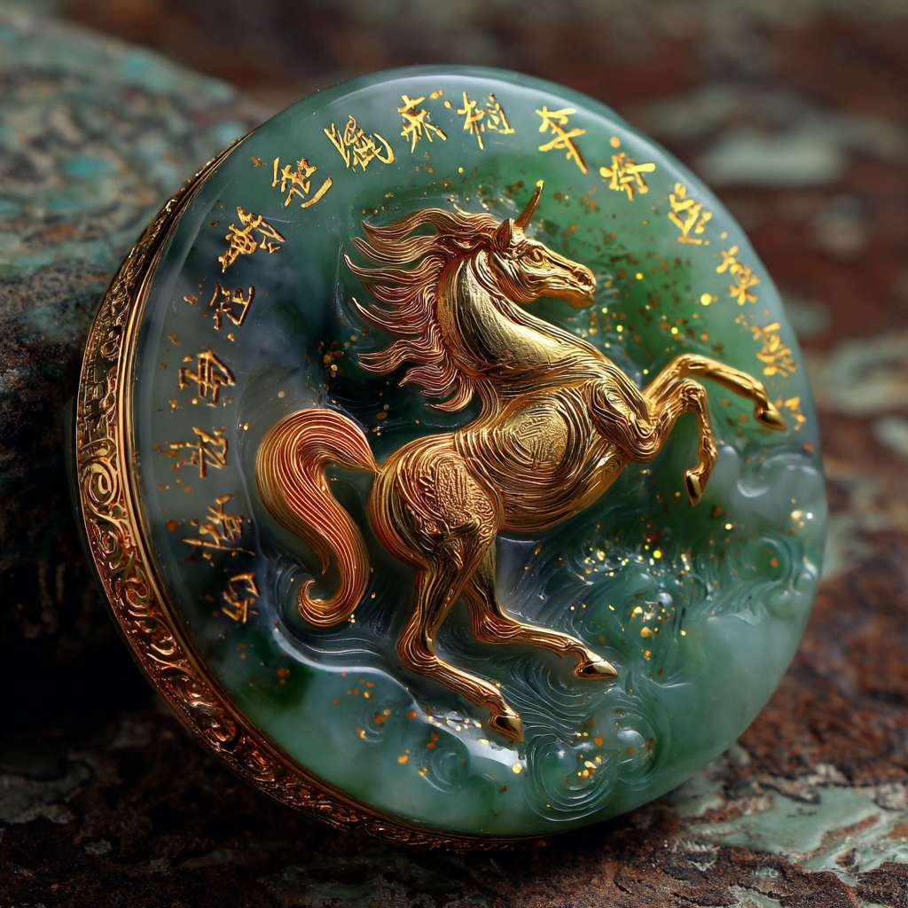 1. **主体造型**：圆形玉质徽章，直径约5cm，边缘有青铜镶边  
2. **核心图案**：中央浮雕一匹奔腾的骏马（参考汉代马踏飞燕的动感姿态）  
3. **材质质感**：  
   - 基底：翡翠绿色半透明玉石  
   - 镶边：古铜色金属，带有青铜锈迹  
   - 符文：金色能量线条在玉石内部流动  
4. **特效光效**：  
   - 马眼散发金色微光  
   - 符咒边缘有星尘般的光点飘散  
5. **背景建议**：  
   - 深色石质纹理（如古代祭坛）  
   - 底部飘散着青色灵气薄雾 --ar 1:1 --v 7 --stylize 100 --fast --no 水印