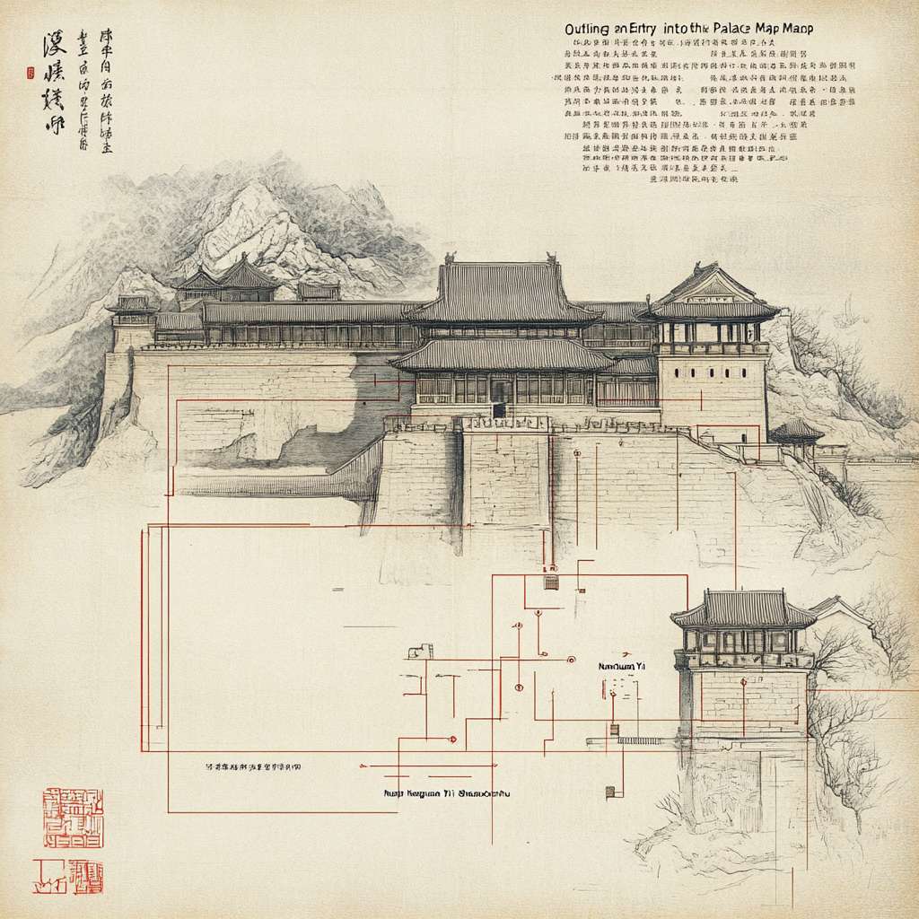 [ 怀柔长城箭垛造型 | 燕山褶皱肌理 | 雁栖湖水波纹 | 明代《出警入跸图》驿道意象 ]
视觉系统：
字形设计：特邀书法家创作"南关簃"三字，采用明代台阁体骨架融合敦煌写经笔意，墨色中隐现怀柔板栗色渐变

图形符号：
负形构成箭垛轮廓
水墨皴染表现燕山褶皱
金色线条勾勒雁栖湖水系
右下角钤"山厨"铁线篆藏书印
色彩体系：
主色：霁蓝（取自明青花瓷）
辅色：栗壳棕（怀柔特产）
点缀：松花绿（燕山植被） --ar 1:1 --v 6.1 --stylize 100 --fast
