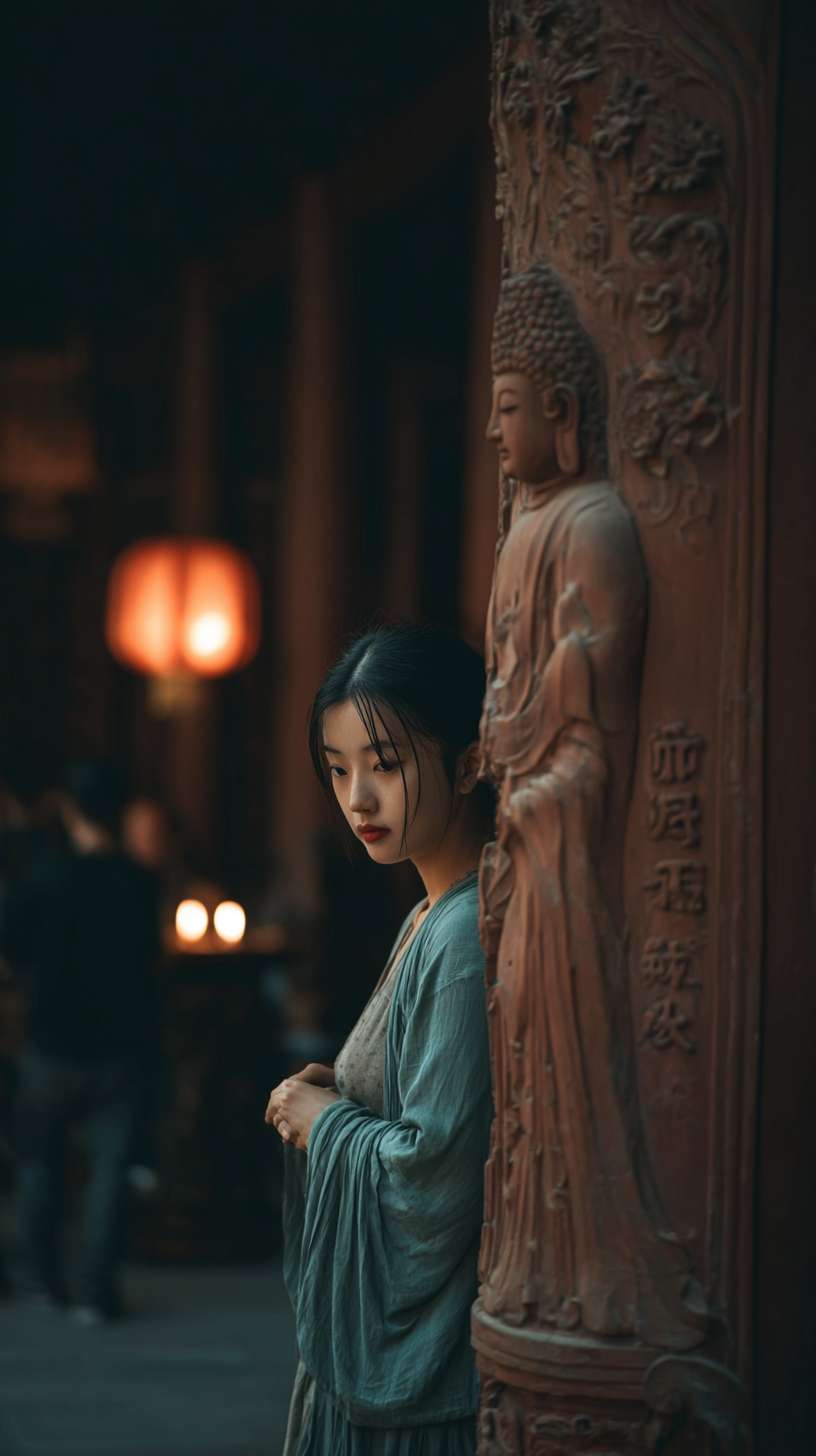 https://img-xpc-mj0.xpccdn.com/prod/txt2img/41cd0ee9-a6d1-489f-b685-84eb70e013de/07e9395f-bd24-4b7d-bd0a-a496acee976f_0_0.png~tplv-5yakomv5zn-auto-v1%3A1024%3A0%3Aq75.jpg 在此图片基础上，柱子后探头的动作补充细节，柱子、女子和佛像方向调整达到女子探头以后缓步走进去的是寺庙里面的朝向 --ar 9:16 --v 7 --stylize 100 --fast --iw 1 --no 水印