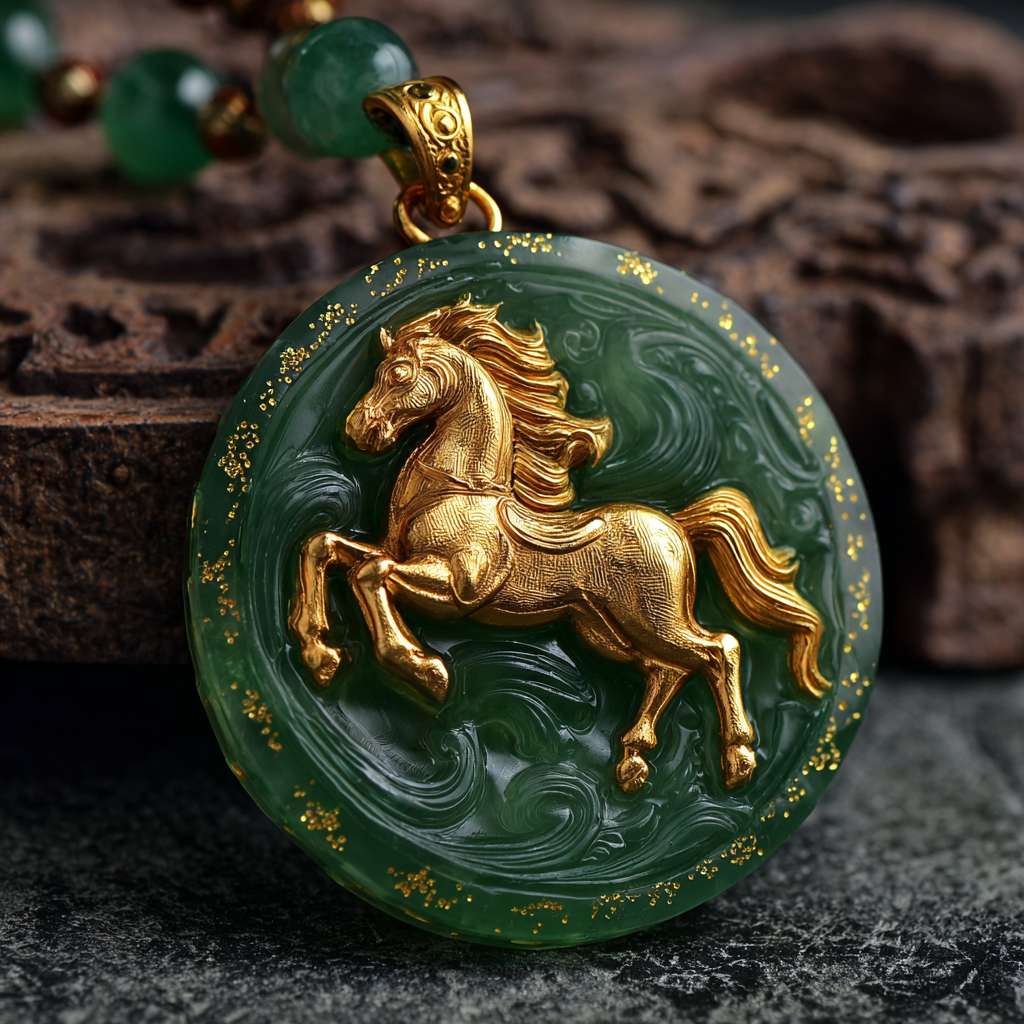 **马符咒（Horse Talisman）特征描述：**
1. **主体造型**：圆形玉质徽章，直径约5cm，边缘有青铜镶边  
2. **核心图案**：中央浮雕一匹奔腾的骏马（参考汉代马踏飞燕的动感姿态）  
3. **材质质感**：  
   - 基底：翡翠绿色半透明玉石  
   - 镶边：古铜色金属，带有青铜锈迹  
   - 符文：金色能量线条在玉石内部流动  
4. **特效光效**：  
   - 马眼散发金色微光  
   - 符咒边缘有星尘般的光点飘散  
5. **背景建议**：  
   - 深色石质纹理（如古代祭坛）  
   - 底部飘散着青色灵气薄雾 --ar 1:1 --v 7 --stylize 100 --fast --no 水印