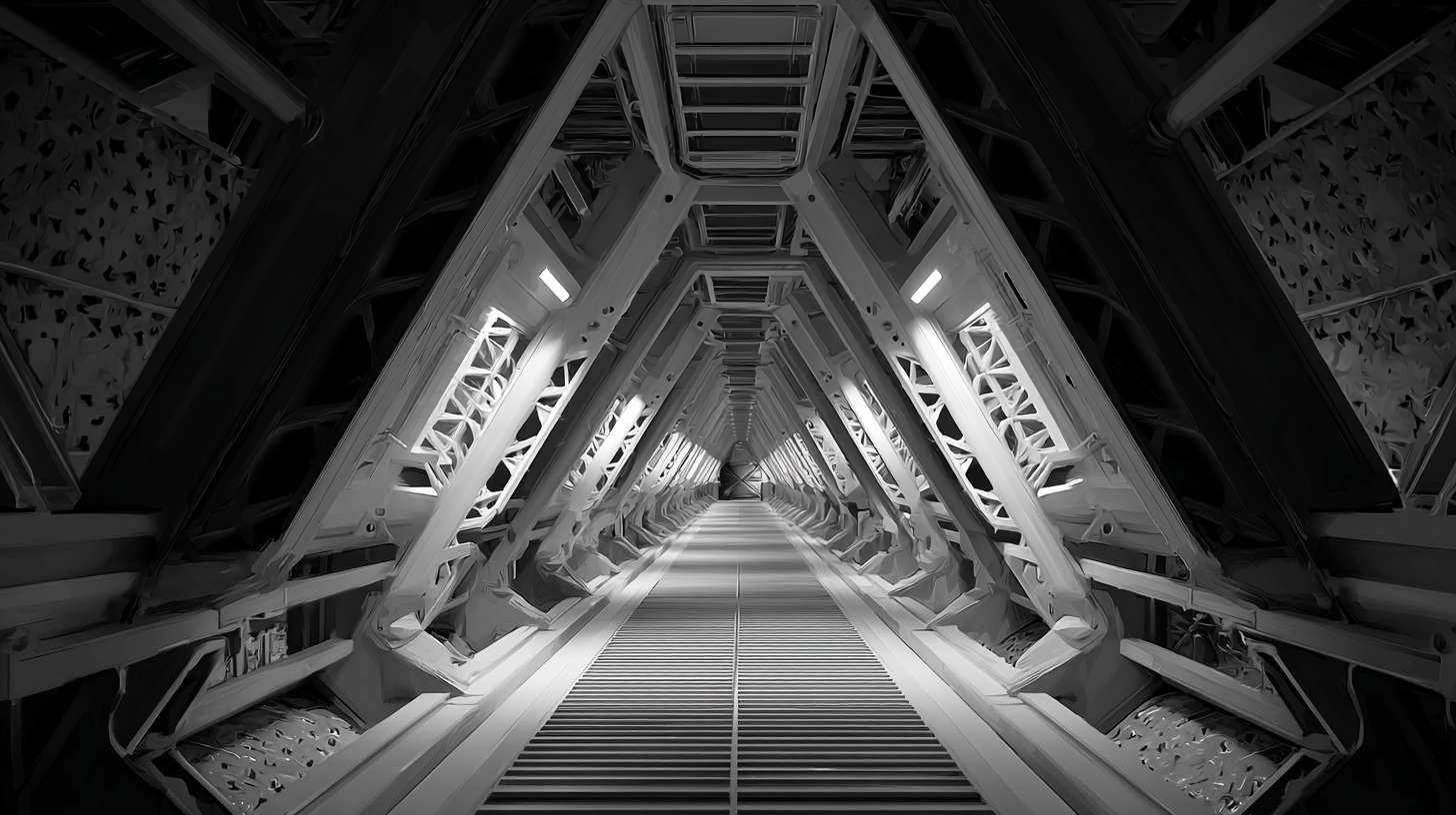菱形太空舱，长长的走廊内部，结构连接柱，火星基地， --ar 16:9 --v 7 --stylize 100 --fast --no 水印