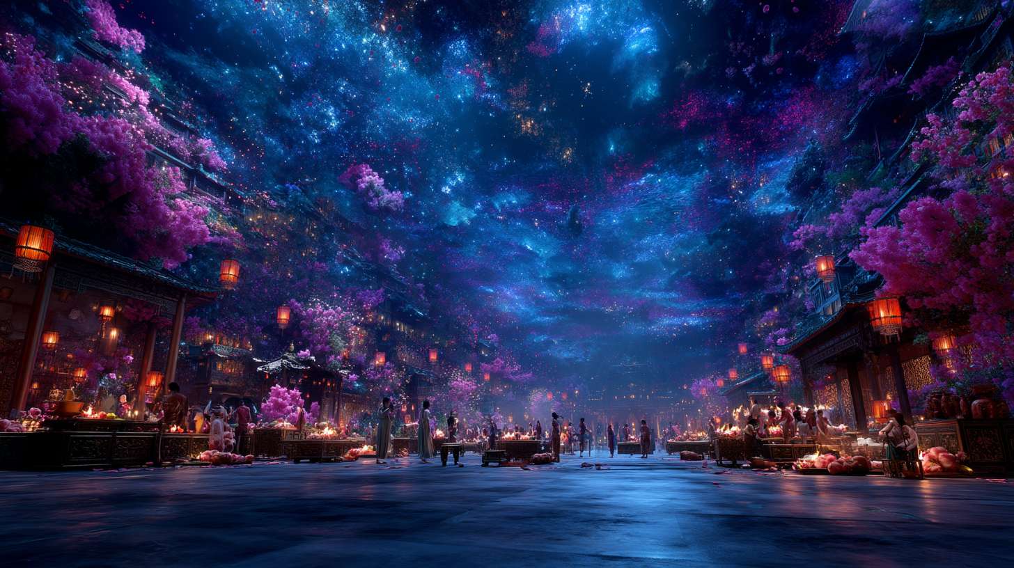 Unreal Engine 5 rendering, in this awe-inspiring scene of the ancient Luoyang Flower Festival, the composition centers on a vast sea of blooming peonies, surrounded by ancient-style pavilions, buildings, and winding corridors adorned with countless red lanterns, while the night sky is continuously lit up by colorful fireworks, the foreground features a celebrating crowd dressed in elegant Hanfu singing and dancing, the middle ground includes traditional Chinese architecture such as eaves-cornered pavilions, and the background blends deep blue starry skies with brilliant fireworks, in terms of color, vibrant reds, golds, and greens dominate, symbolizing luck and wealth, with the pink and white of the flowers sharply contrasting with the warm yellow of the lanterns, and the multicolored lights of the fireworks adding dynamic color variations, the lighting effects are exquisitely detailed, the soft glow from the lanterns casts warm shadows on people's faces and the ground, while the explosive flashes of fireworks create dazzling halos, contrasting with the cool moonlight to enhance the image's depth and dynamism, the entire scene is bustling and lively, with lanterns swaying gloriously, fireworks sparkling brilliantly, and the crowd cheering incessantly, as if transporting the viewer into a dreamlike ancient prosperous era filled with the charm of Chinese elements. --ar 16:9 --v 7 --c 20 --quality 4 --stylize 100 --fast