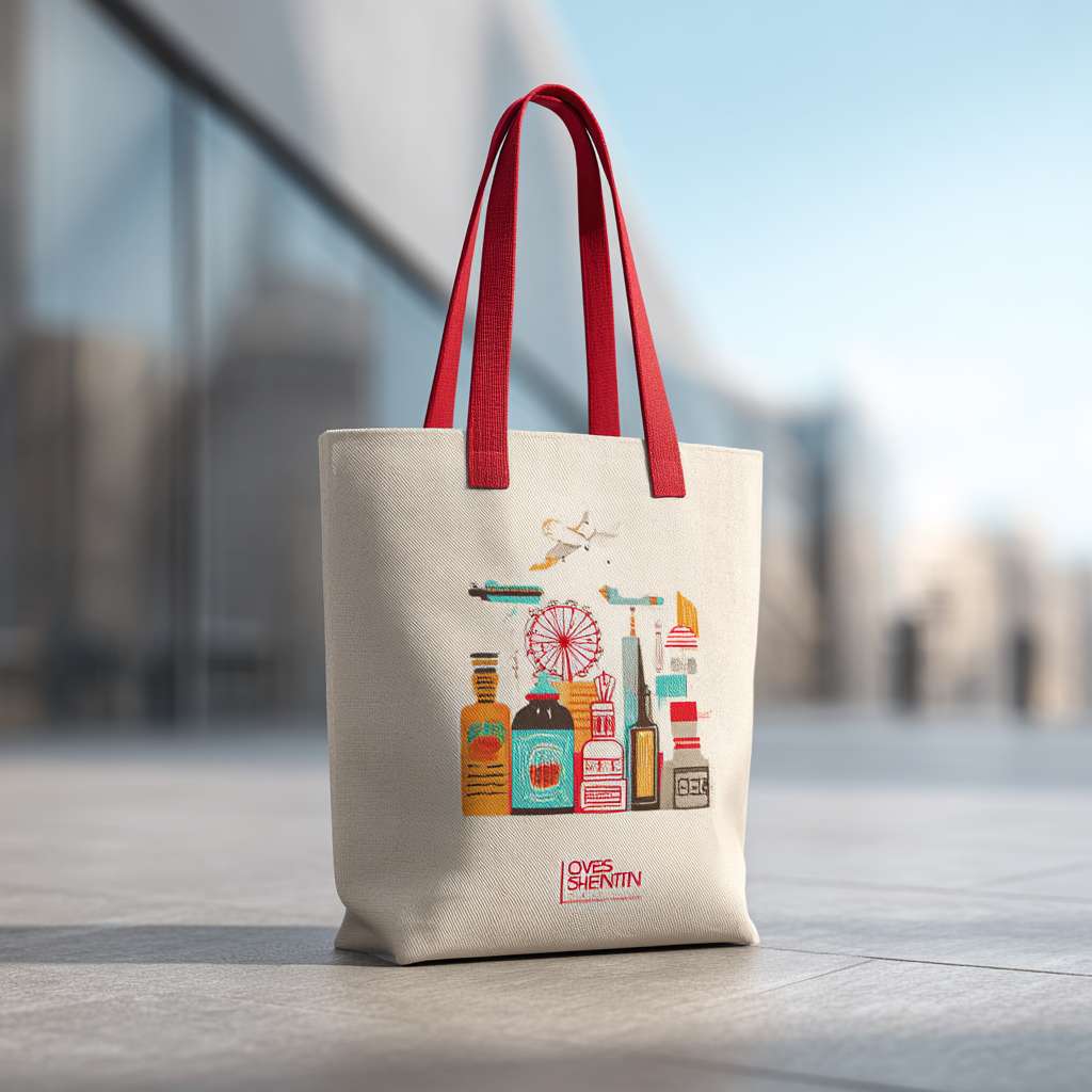 A realistic 3D rendering of a fashionable tote bag in use. The bag is made of off-white canvas fabric with vibrant red handles. The front side clearly shows the modern, colorful illustration of cosmetics, liquor bottle, watch, and city icons (airplane, ship, ferris wheel) with the text "LOVES SHENZHEN". The back shows the simple "cdf会员购" logo. The bag is photographed in a well-lit urban setting, showcasing its texture, style, and youthful, vibrant vibe. Professional product photography, high detai --ar 1:1 --v 7 --stylize 100 --fast --no 水印