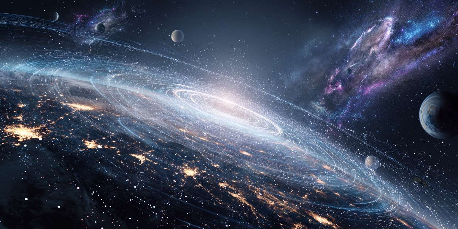 在浩瀚宇宙中有黑洞，星宇，各种星系天体，在这个画面中地球是最进的画面，显得非常科技风，地球外卖呢环绕好多物联网科技风虚线路 --ar 2:1 --v 7 --stylize 100 --fast --no 水印
