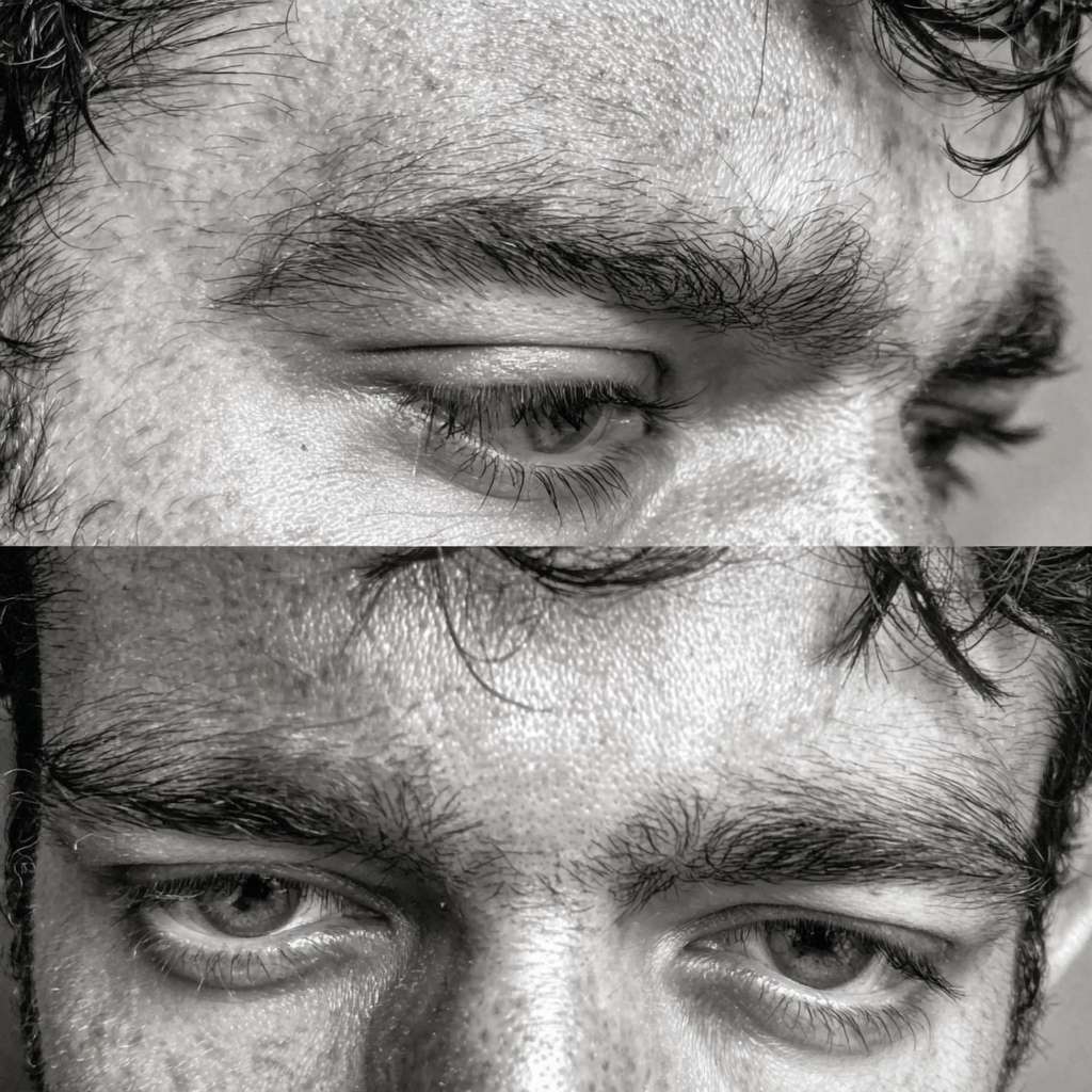 散装的眉毛,突起的上鼻梁和稍微有点倾斜的额头 --ar 1:1 --v 7 --stylize 100 --fast --no 水印