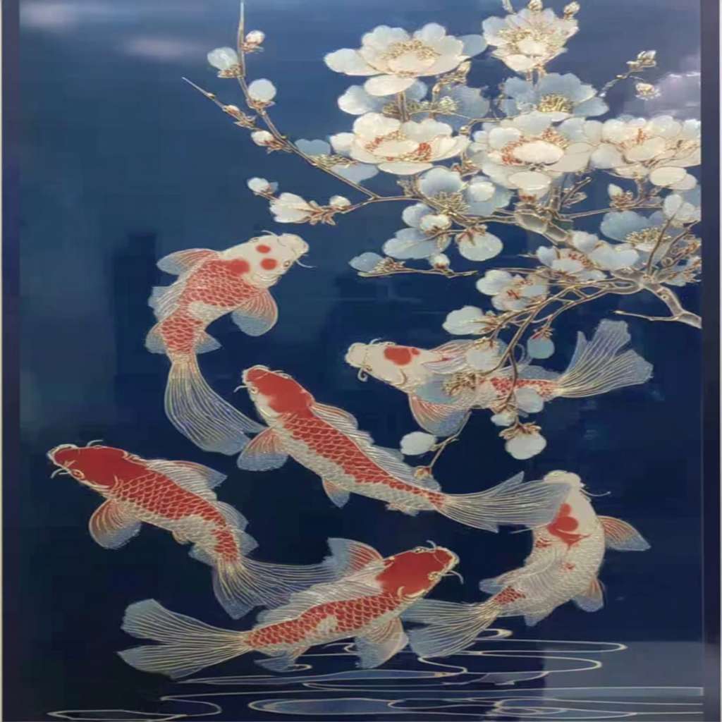 根据以上元素，生成一幅新的九鱼荷花图，背景采用深蓝色，尽量加一些波澜传统风格雕纹，要求传统风格，硬性要求九条鱼和一朵荷花，高清 --ar 1:1 --v 7 --stylize 100 --fast --sref https://img-xpc-mj0.xpccdn.com/prod/upload/2f299728-a310-442e-9c48-c01ab29f33e8/8761bd82f82ff3d7599fa42ed70f00ad.jpg~tplv-5yakomv5zn-auto-v1%3A1024%3A0%3Aq75.jpg::5.1 https://img-xpc-mj0.xpccdn.com/prod/upload/44037e58-6553-42c5-a97c-717cc2480cc9/a89655abc185ab86825bc38c34e0b139.jpg~tplv-5yakomv5zn-auto-v1%3A1024%3A0%3Aq75.jpg https://img-xpc-mj0.xpccdn.com/prod/upload/2ec6ba20-4841-42f2-9743-a925a916a0bb/29f74409b0260a380905ef4d89166d65.jpg~tplv-5yakomv5zn-auto-v1%3A1024%3A0%3Aq75.jpg --sw 237 --no 水印